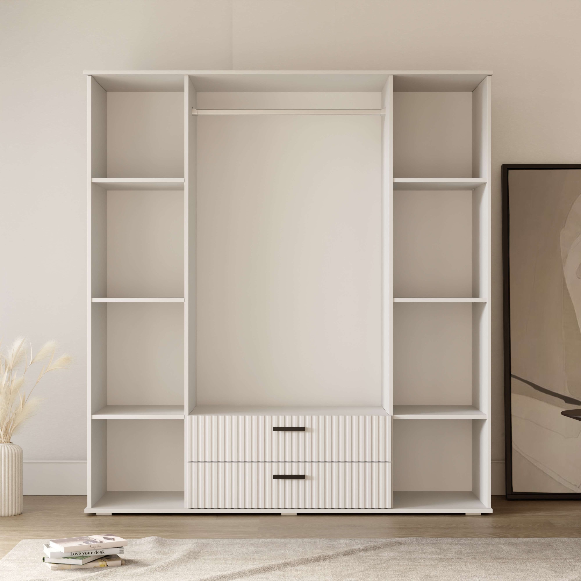 OTTO home Kleiderschrank »KOLLINE, modern mit viel Stauraum & geriffelter Struktur« H/B/T ca. 190/180/52cm,  Garderobe 4 Fächer, Kleiderstange, 2 Schubladen, 2 Spiegel