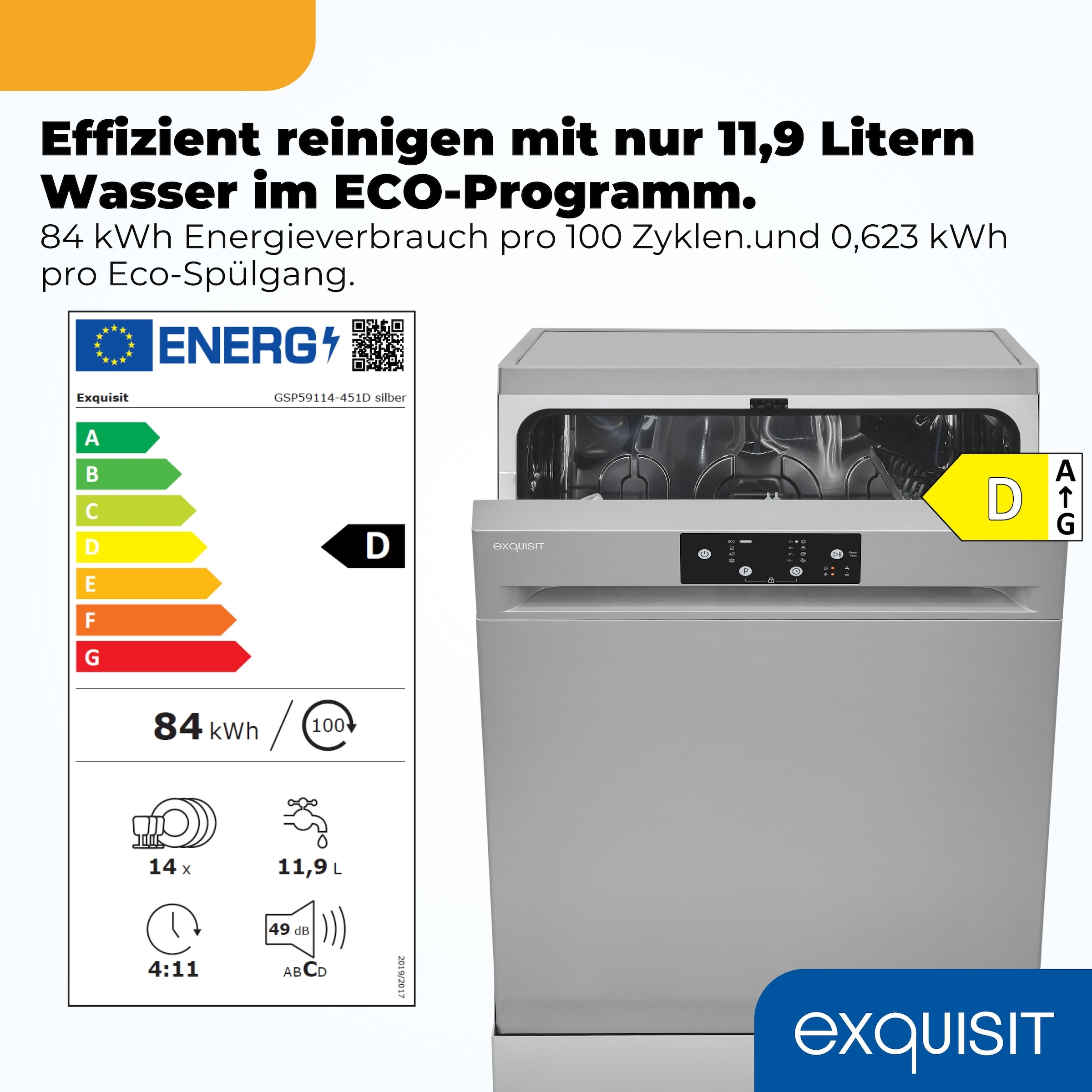 exquisit Standgeschirrspüler 9114 »GSP9114-451D silber« 11,9 l 14 tlg. Maßgedecke 14 Maßgedecke & flüsterleise 49 dB – stark und angenehm ruhig