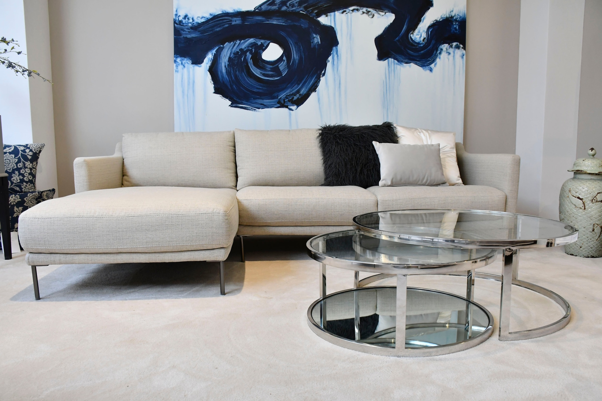 Leonique Couchtisch, Couchtisch, 2 rund, Glas, Chromgestell, Sicherheitsglas, 90x35, 70x30