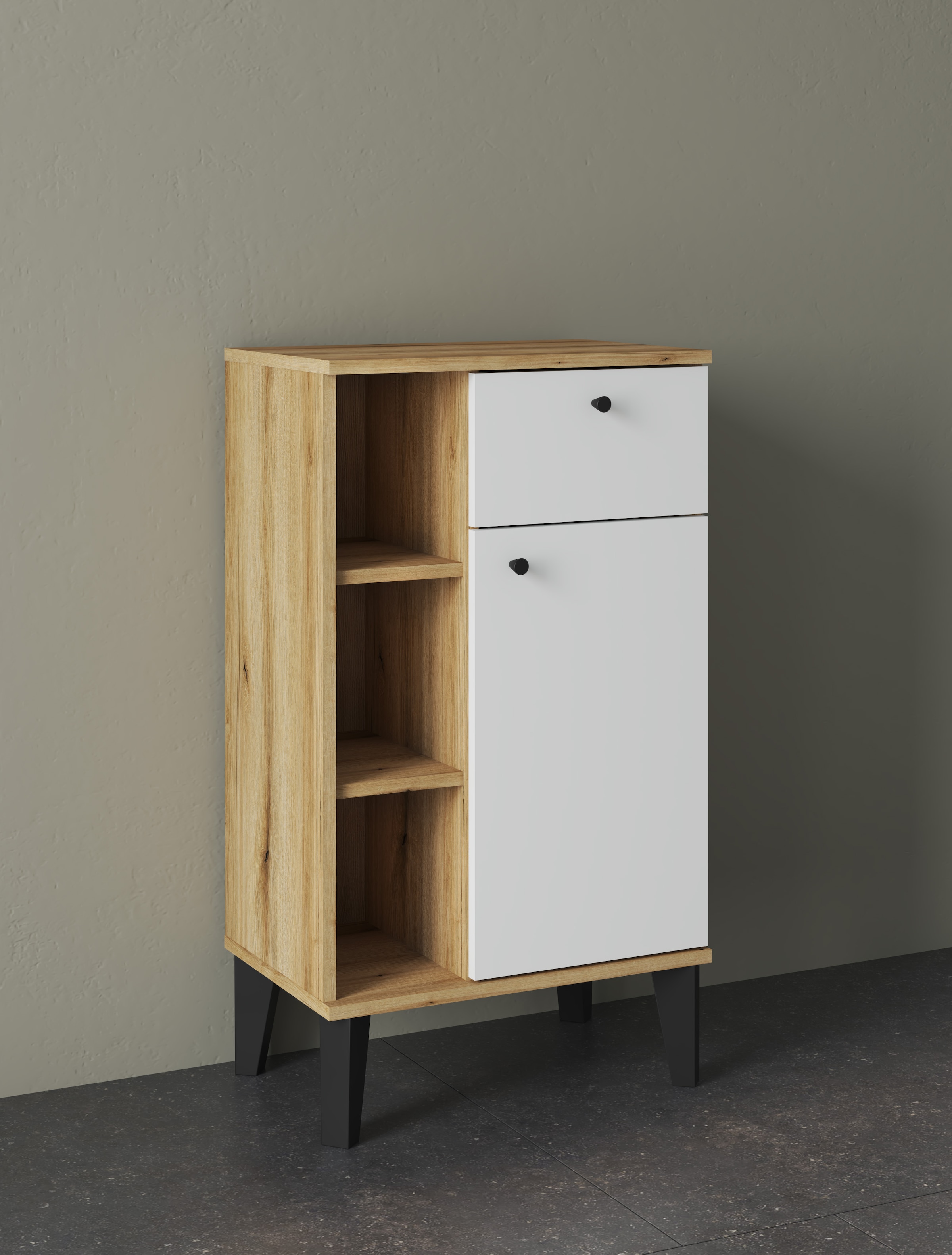 INOSIGN Midischrank »Oslo, Badschrank mit Knopfgriff, Schrank im skandinavischen Design«, in der Türfarbe Weiß oder Grau verfügbar, ausreichend Stauraum