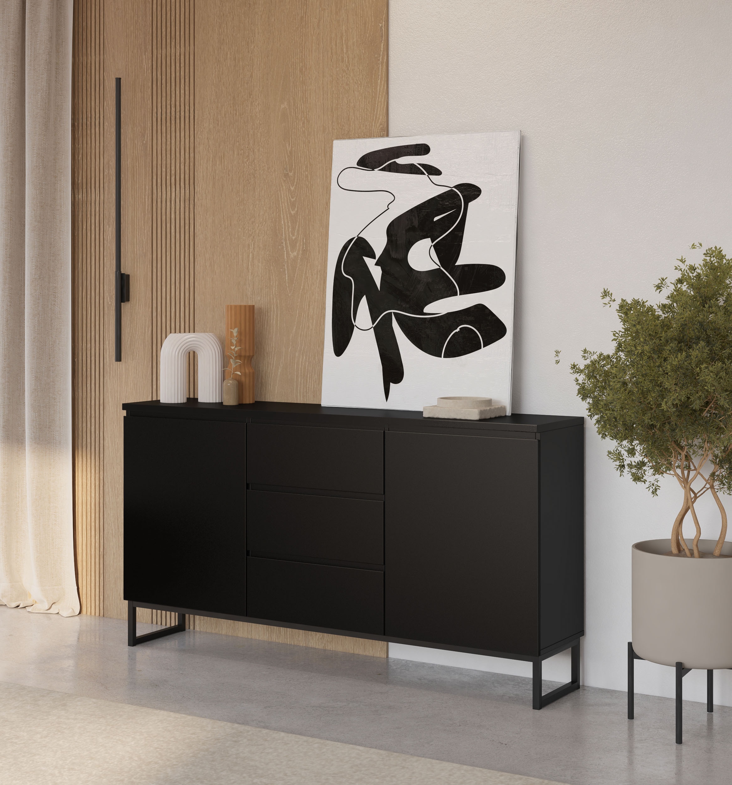 OTTO home Sideboard »Modo II, Breite 150 cm, moderne grifflose Kommode 2Türen/3 SK« Schubladenkommode viel Stauraum, Einlegeböden verstellbar, Metallkufen