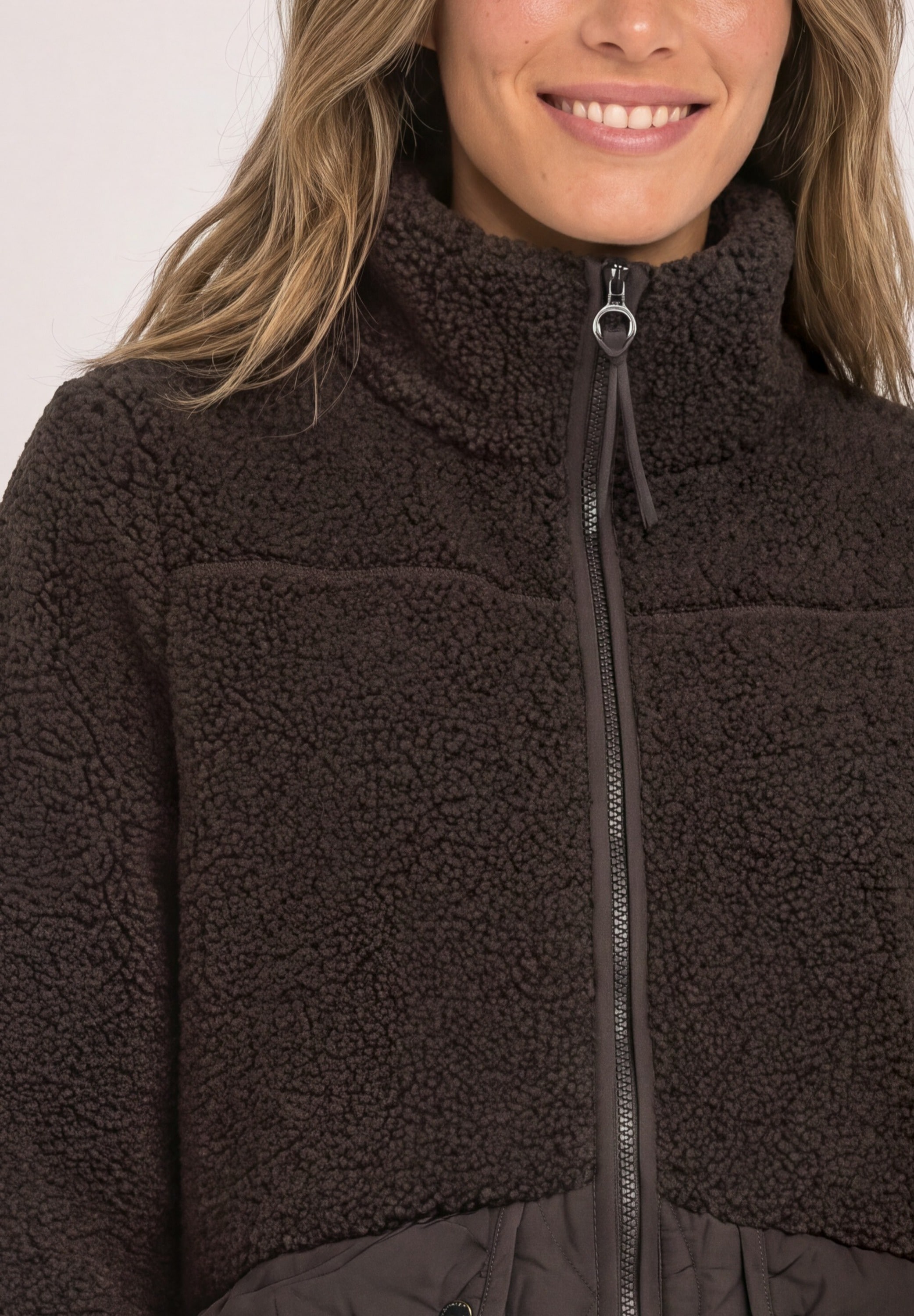 STREET ONE Langjacke ohne Kapuze Teddy-Mantel mit Strukturmix und Stehkragen
