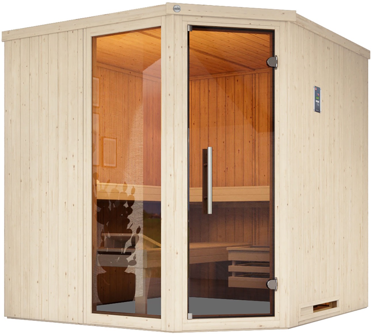 weka Sauna "Element-Ecksauna VARBERG 3" vorgefertigte Elemente, moderne Ganzglastür, bodenl. Fensterelement