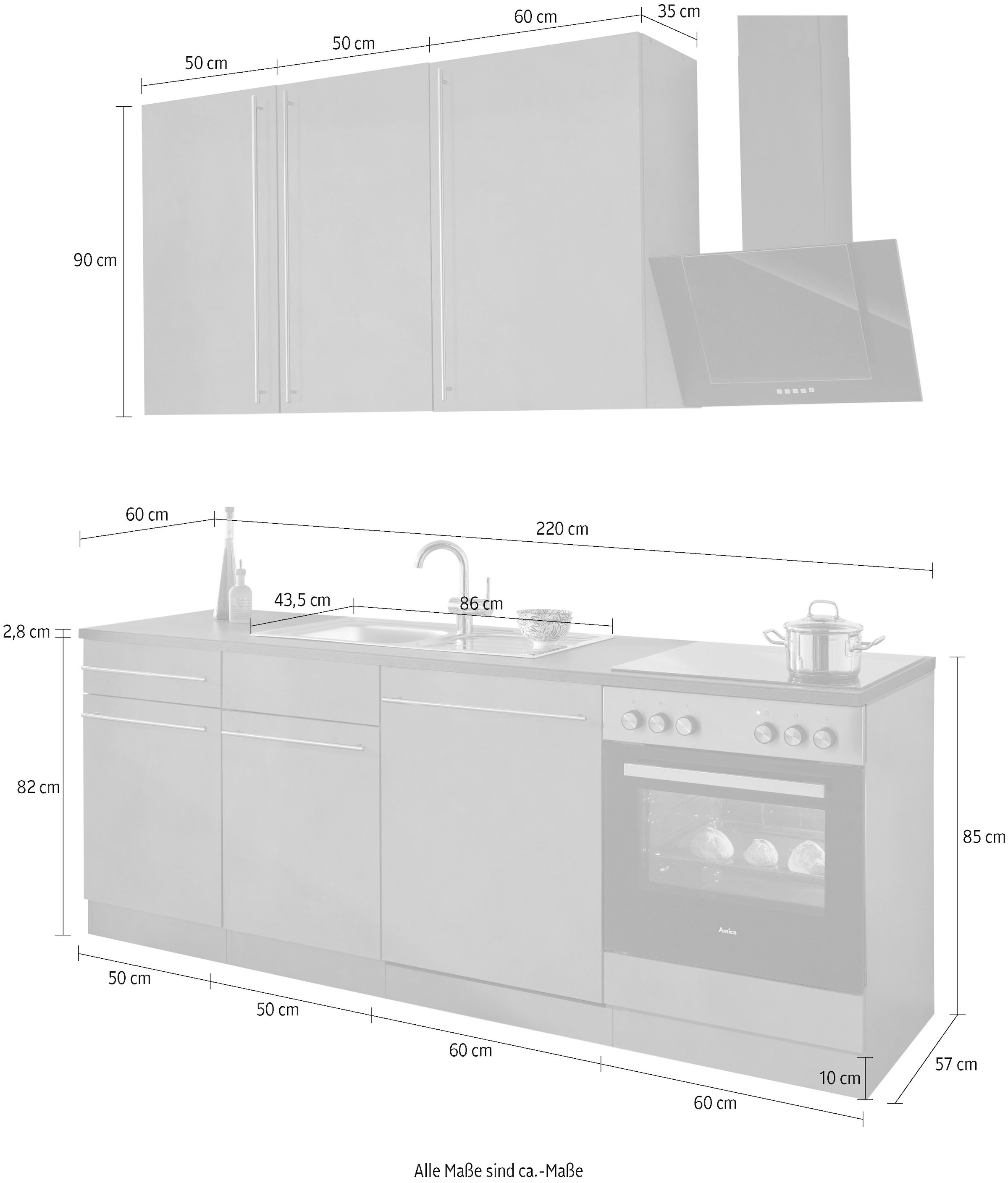 E-Geräten, »Chicago«, bequem Breite wiho mit 220 cm Küchen bestellen Küchenzeile