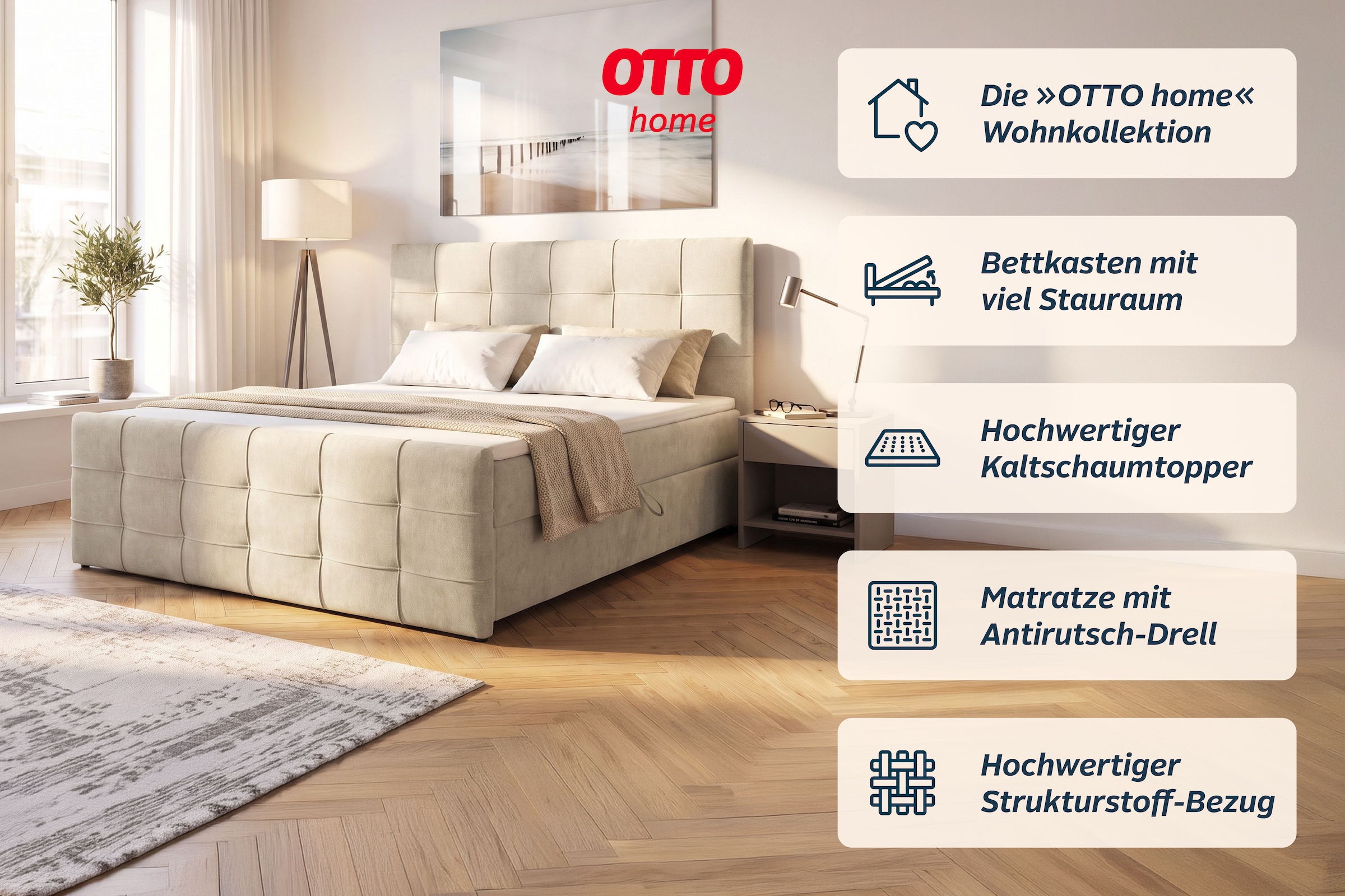 OTTO home Boxbett »LILIENNE, Polsterbett mit Bettkasten und Taschenfederkernmatratze H3« mit Kaltschaumtopper, Chenille-Bezug, 160x200 & 180x200 cm