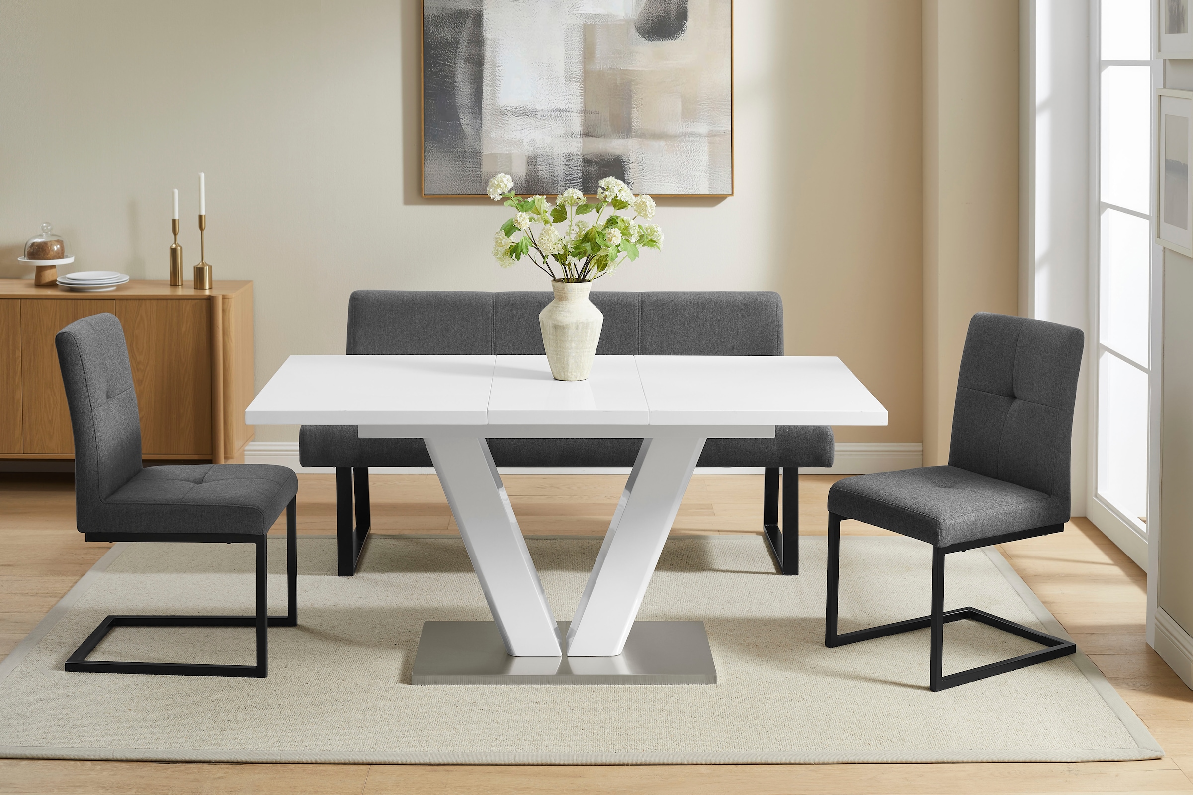 OTTO home Essgruppe »Gellina« Set, 4 tlg. ausziehbarer Esstisch, Freischwinger, Sitzbank mit Rückenlehne