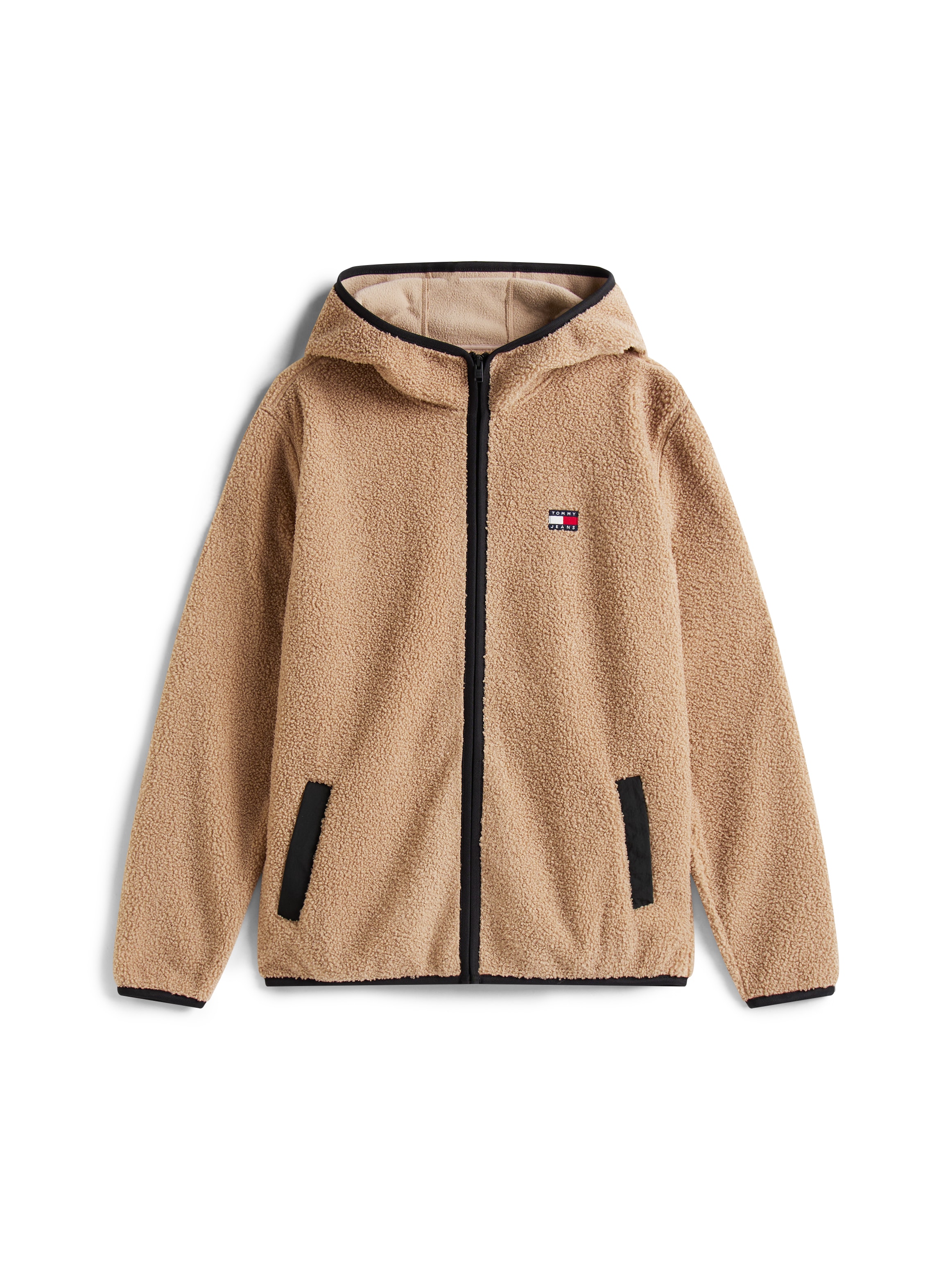 Tommy Jeans Plüschjacke »TJM REG BADGE TEDDY ZIP TRU EXT«, mit Kapuze, Freizeitjacke, Übergangsjacke, Teddyjacke mit Logopatch