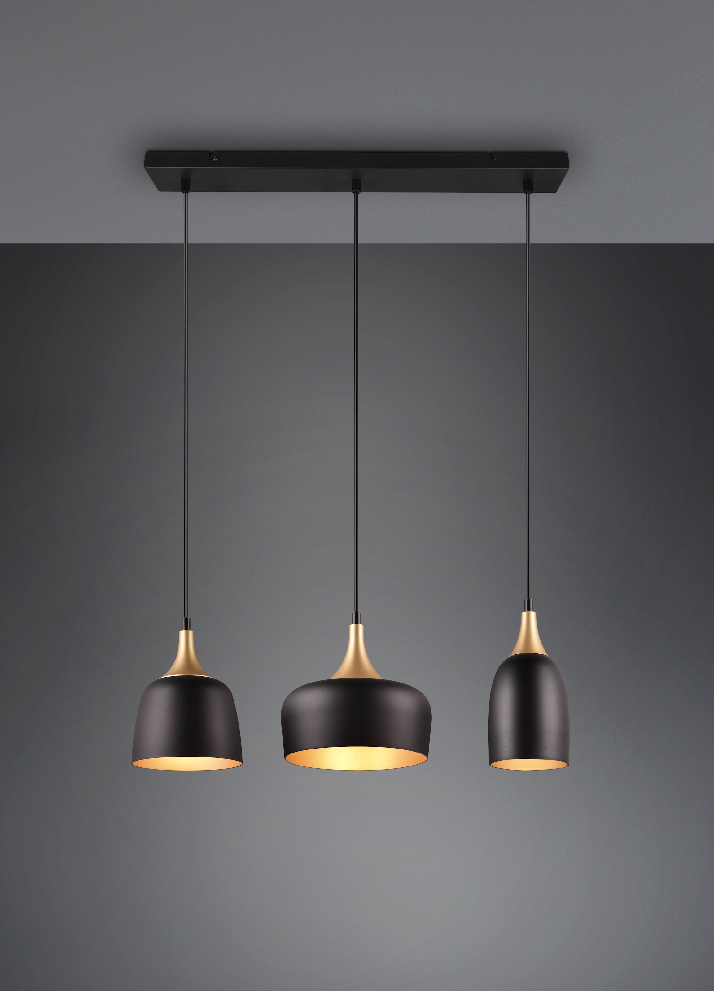TRIO Leuchten Pendelleuchte »CHIRAZ, Hängeleuchte 3-flammig schwarz messing gold max 150cm Höhe«, 3 flammig, Leuchtmittel E14 | Leuchtmittel wechselbar, Hängelampe exkl 3x E14 max 25W, Industrie Loft Stil 3 Schirmformen