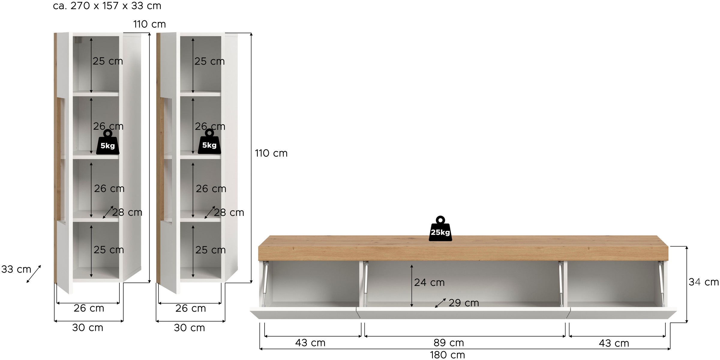 INOSIGN Wohnwand »Svala, Breite 180 cm, Wohnkombination«, (Set, 3 St.), stehend u. hängend montierbar, Vitrinenschränke, Lowboard