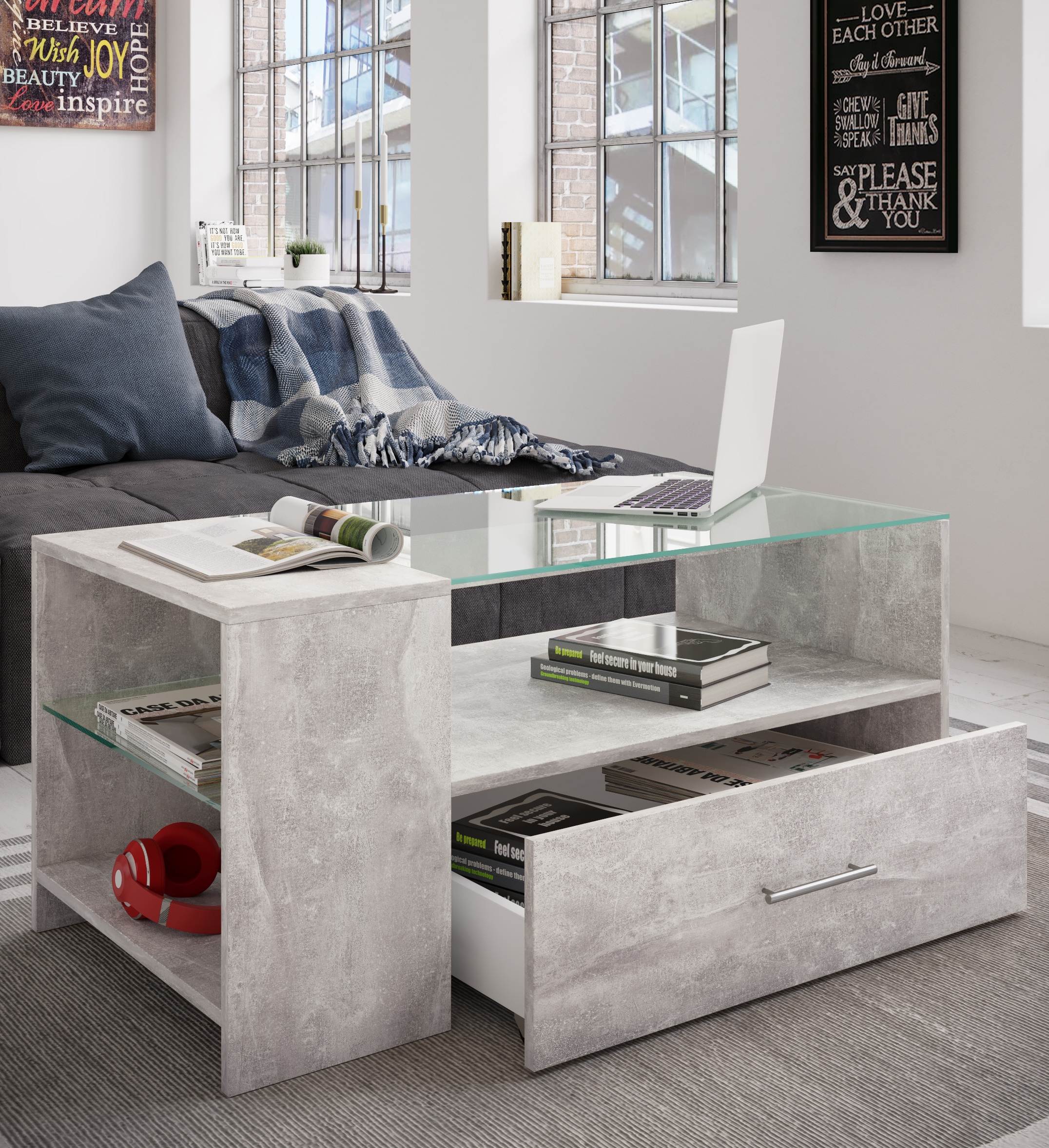 VCM Beistelltisch »Holz Sofatisch Couchtisch Schublade Glas Tindala«