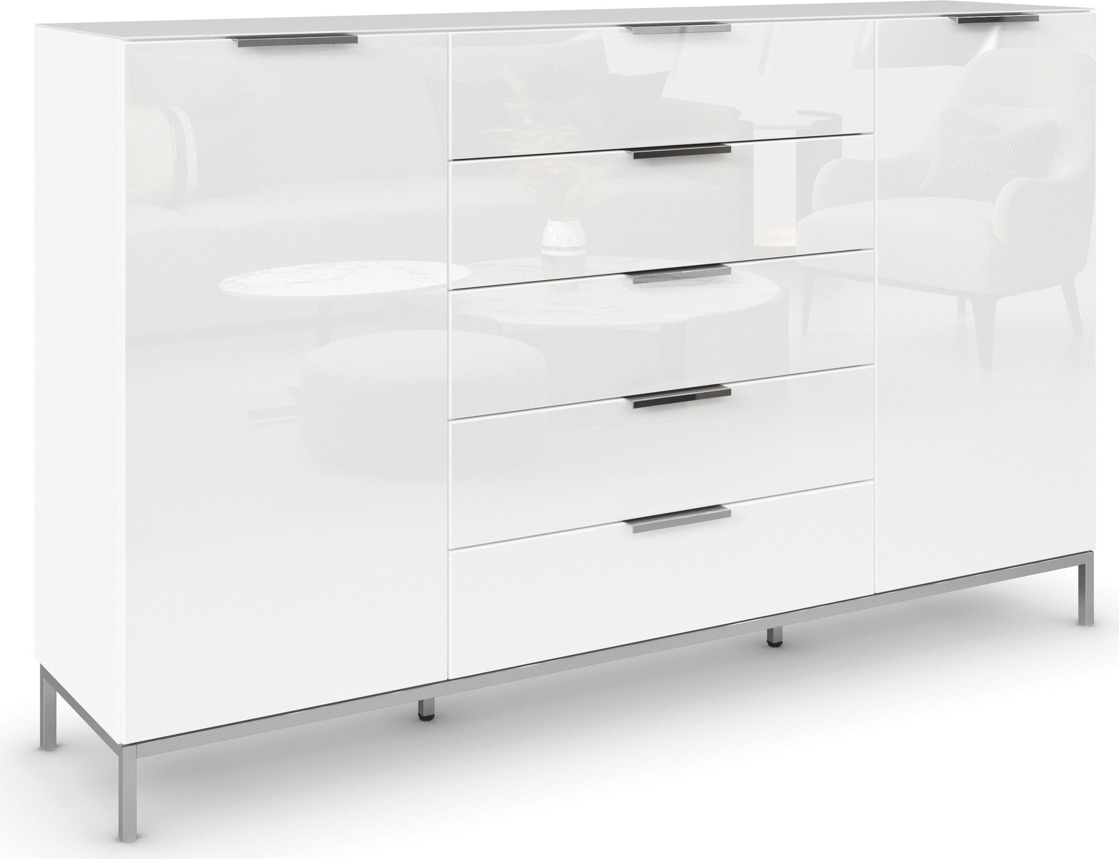 rauch Schubkastenkommode »Kommode Türkommode Sideboard Kombikommode FLIPP mit Glasfront« Breite 160/180 cm mit 4 Einlegeböden,  2-türig, 5 Schubladen, Soft-Close, Oberboden und Front Glas, 2 Breiten