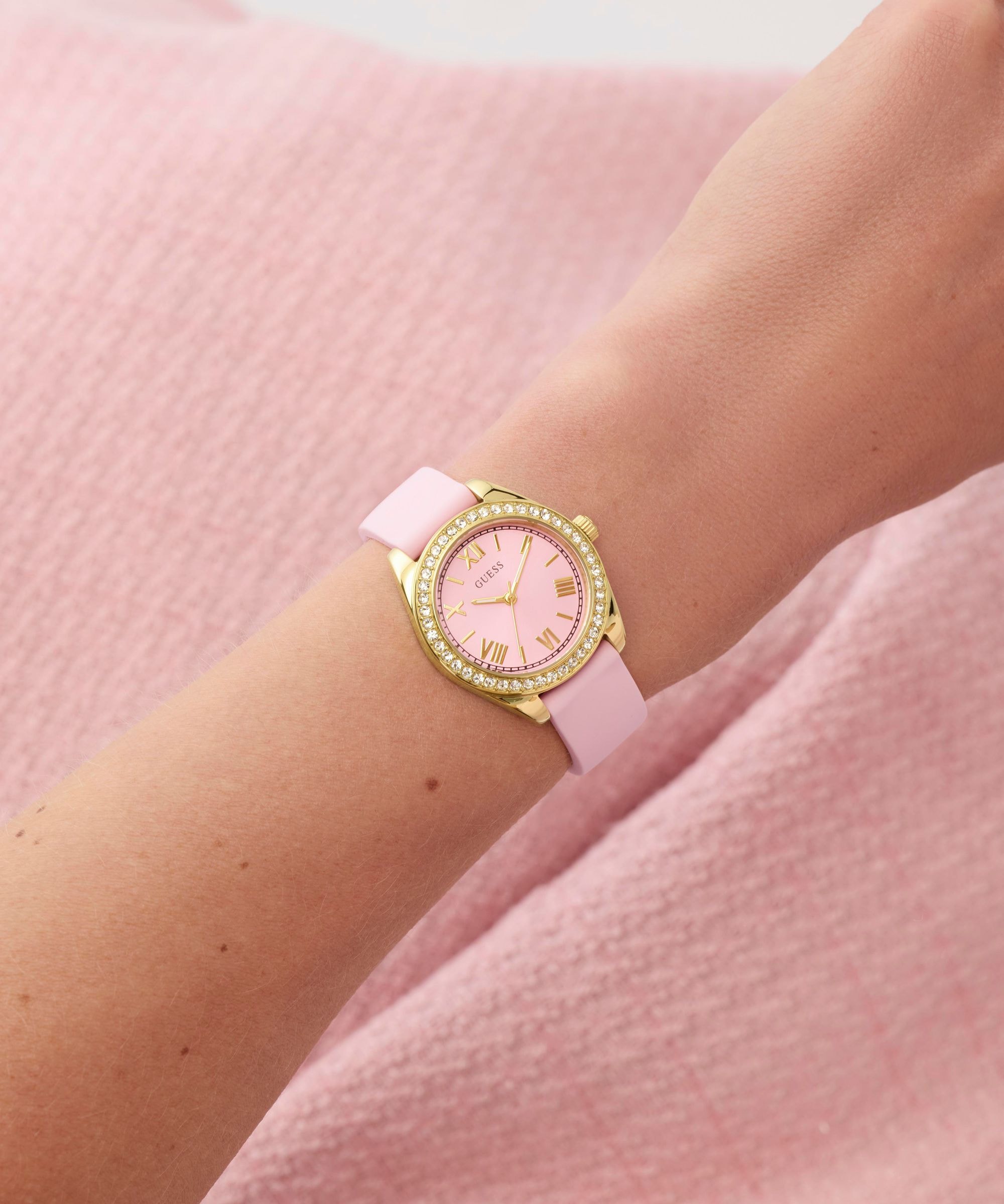 Guess Quarzuhr »GUESS-MINI LUNA GLITZ« Armbanduhr, Damenuhr, Silikonarmband, analog