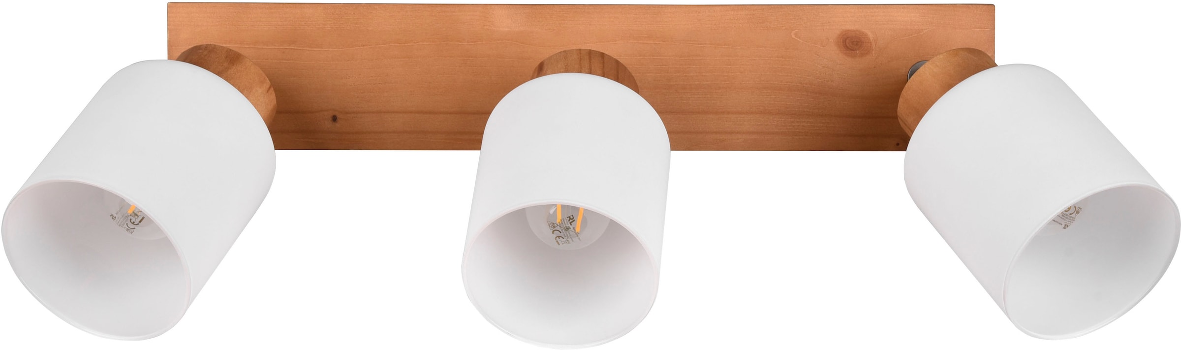 REALITY Leuchten Deckenstrahler »Assam«, 3 flammig, Leuchtmittel E14 | ohne Leuchtmittel, Spot 3-flg. Naturholz, exkl 3xE14 max 25W, Glasschirm weiß schwenkbar