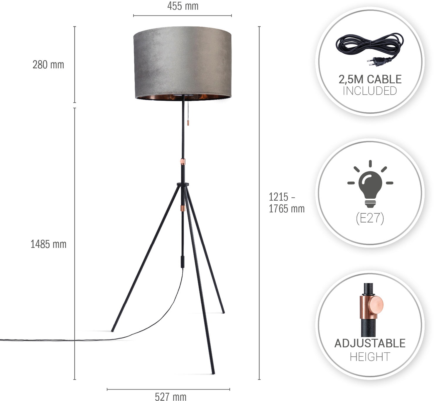 Paco Home Stehlampe »Naomi uni Color« E27 Wohnzimmer Höhenverstellbar 121,5 bis 176,5 cm Zugschalter Velour