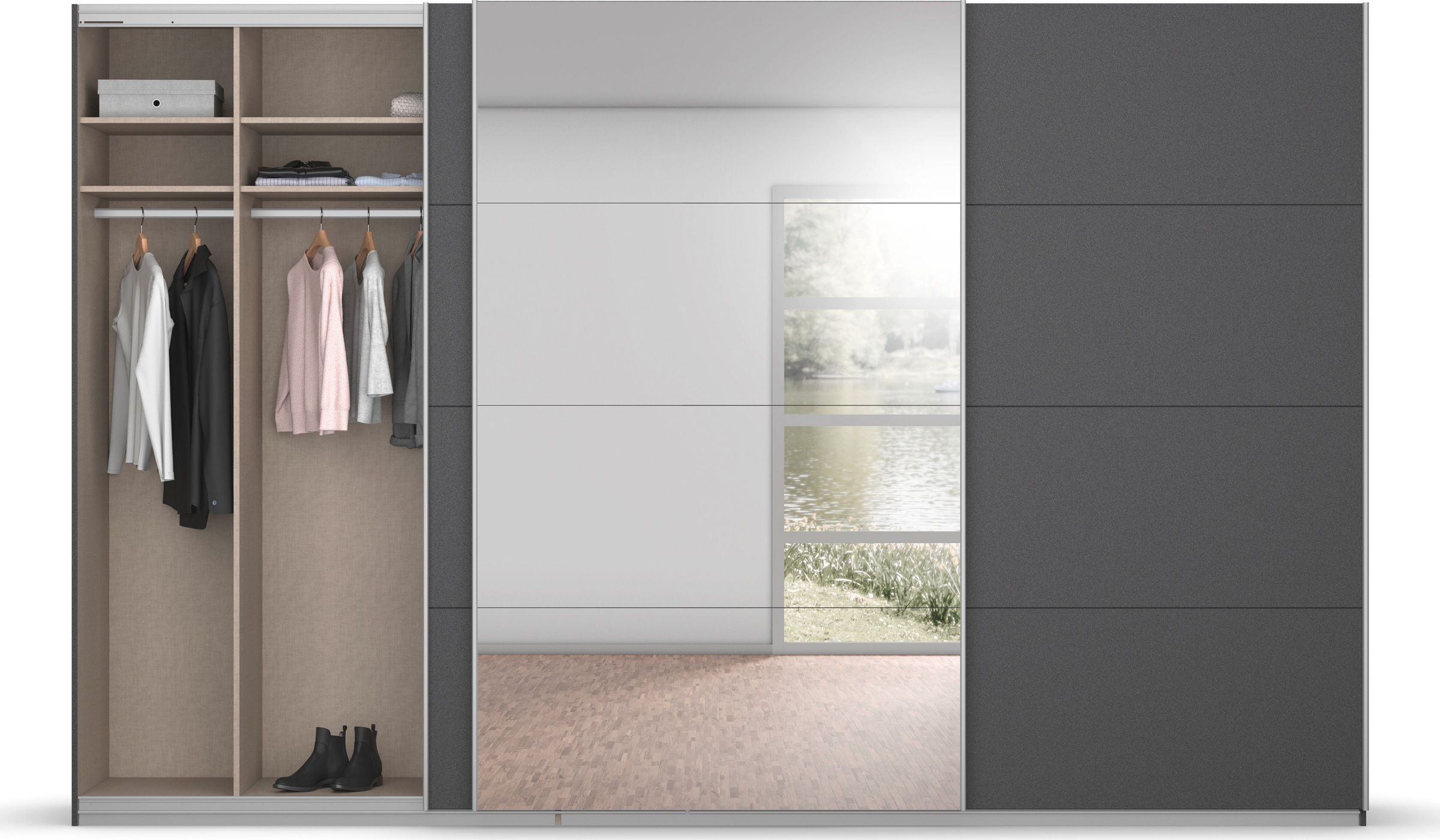 rauch Schwebetürenschrank »Kleiderschrank Schrank Garderobe KOLUNA mit Glastüren und Spiegel«, inkl. 2 Innenschubladen sowie extra Einlegeböden MADE IN GERMANY