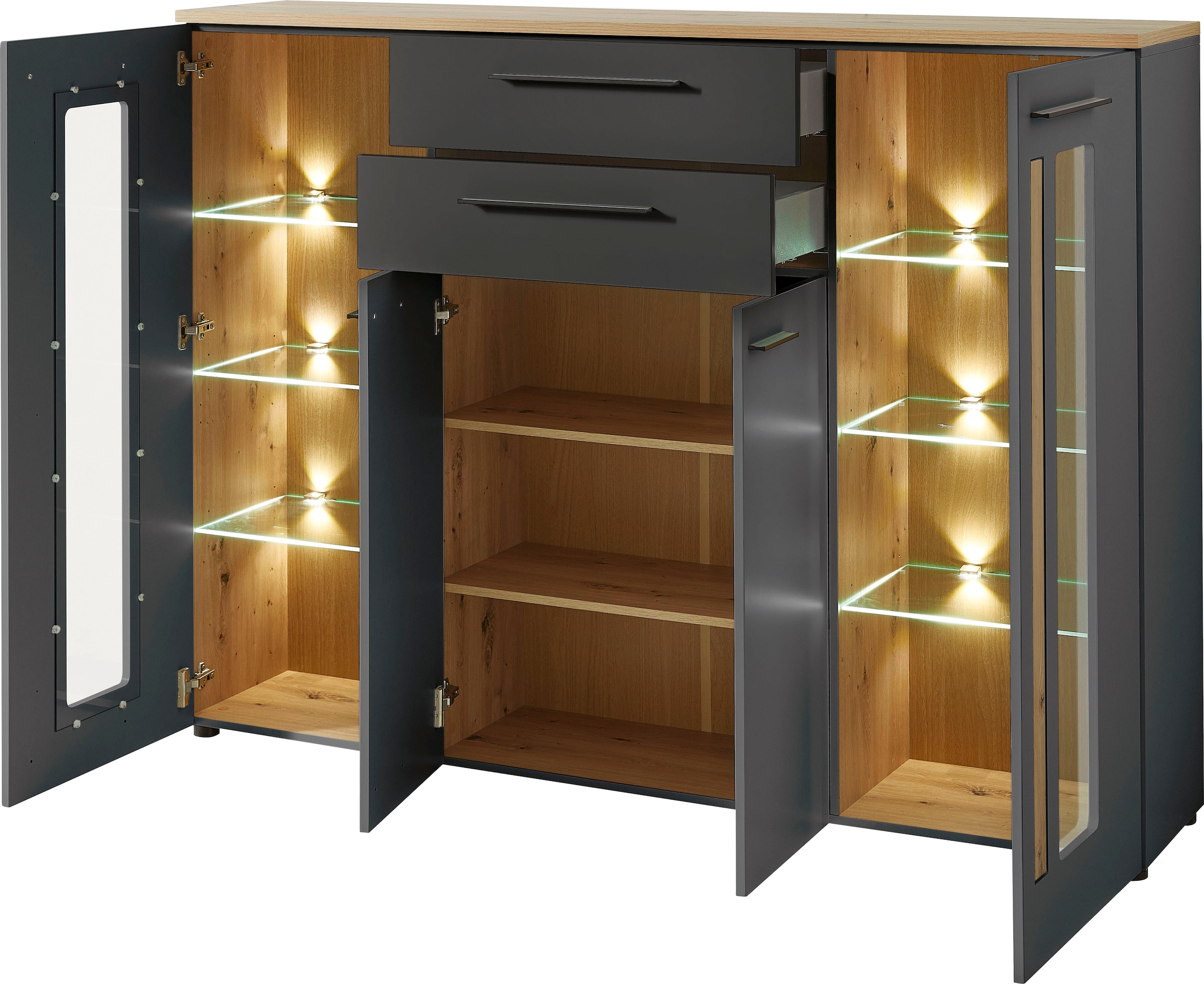 Innostyle Highboard »Loft Two«, Breite 180 cm, 2 Holztüren, 2 Schubkästen, 2 Glas-/Holztüren