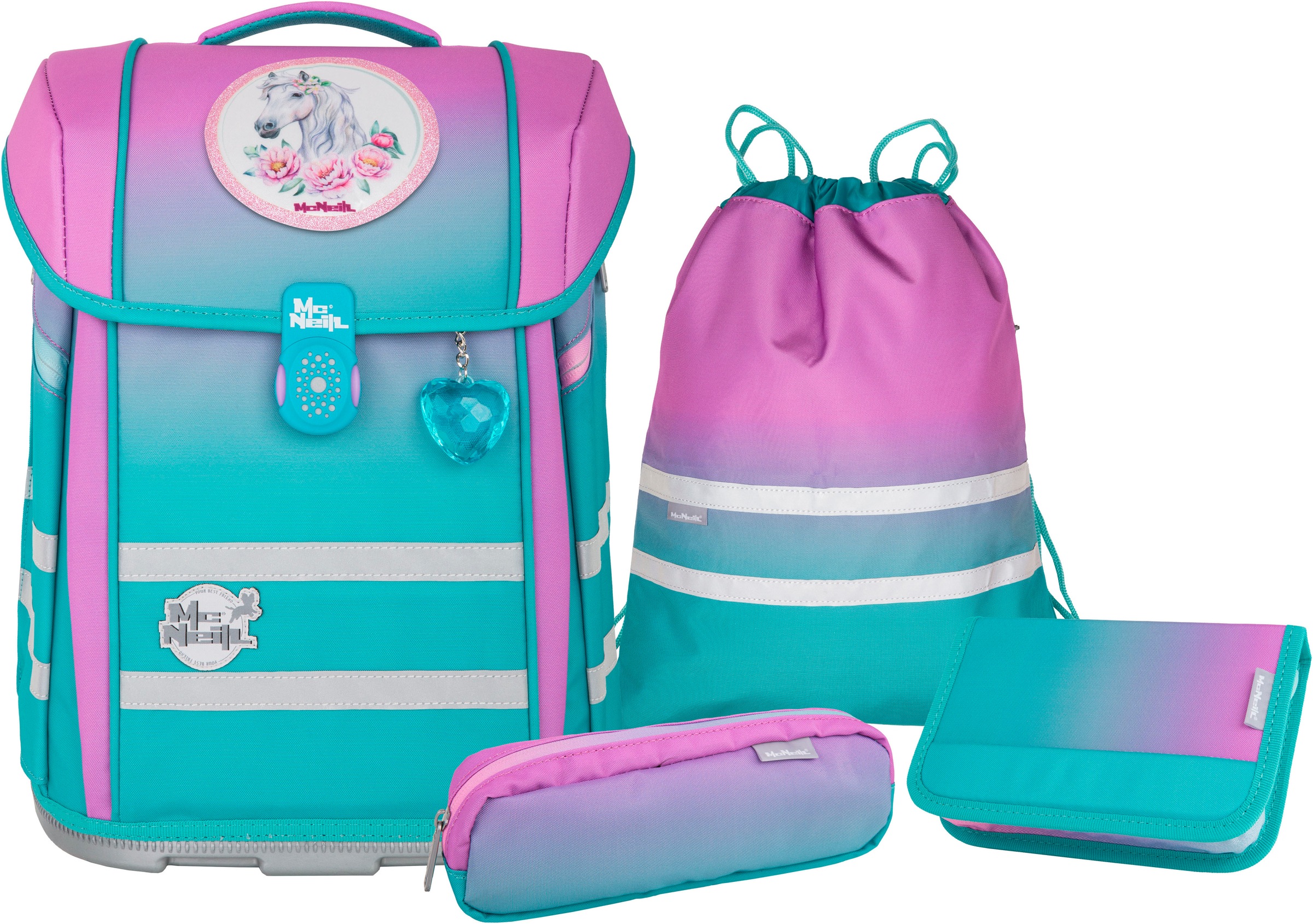 McNeill Schulranzen »Perfecto, Blueberry« reflektierende Streifen auf den Schultergurten;retroreflektierende Flächen inkl. Federmäppchen, Turnbeutel, Schlamperrolle & Motivmagnet