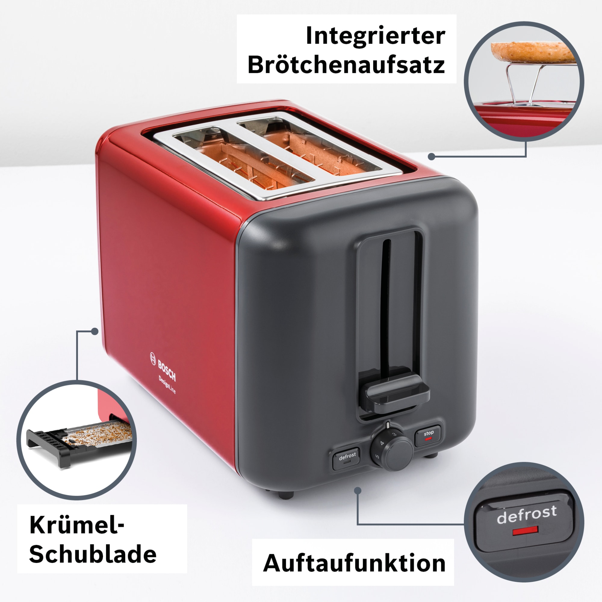 BOSCH Toaster »DesignLine TAT3P424DE, Integrierter Edelstahl-Brötchenaufsatz« 2 kurze Schlitze 820 W Abschaltautomatik, Auftaufunktion, Liftfunktion, Breit, rot