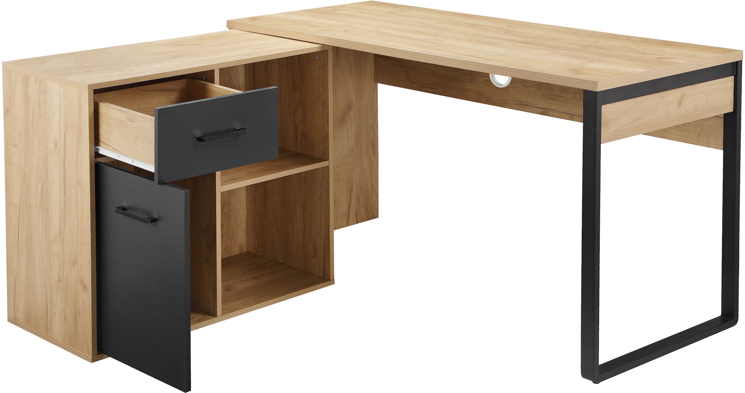 Places of Style Eckschreibtisch »Moid, Computertisch, Kabeldurchlass, mit Regalfächern,«, Schublade und Tür, flexibles Regalelement, 140x82-115 cm