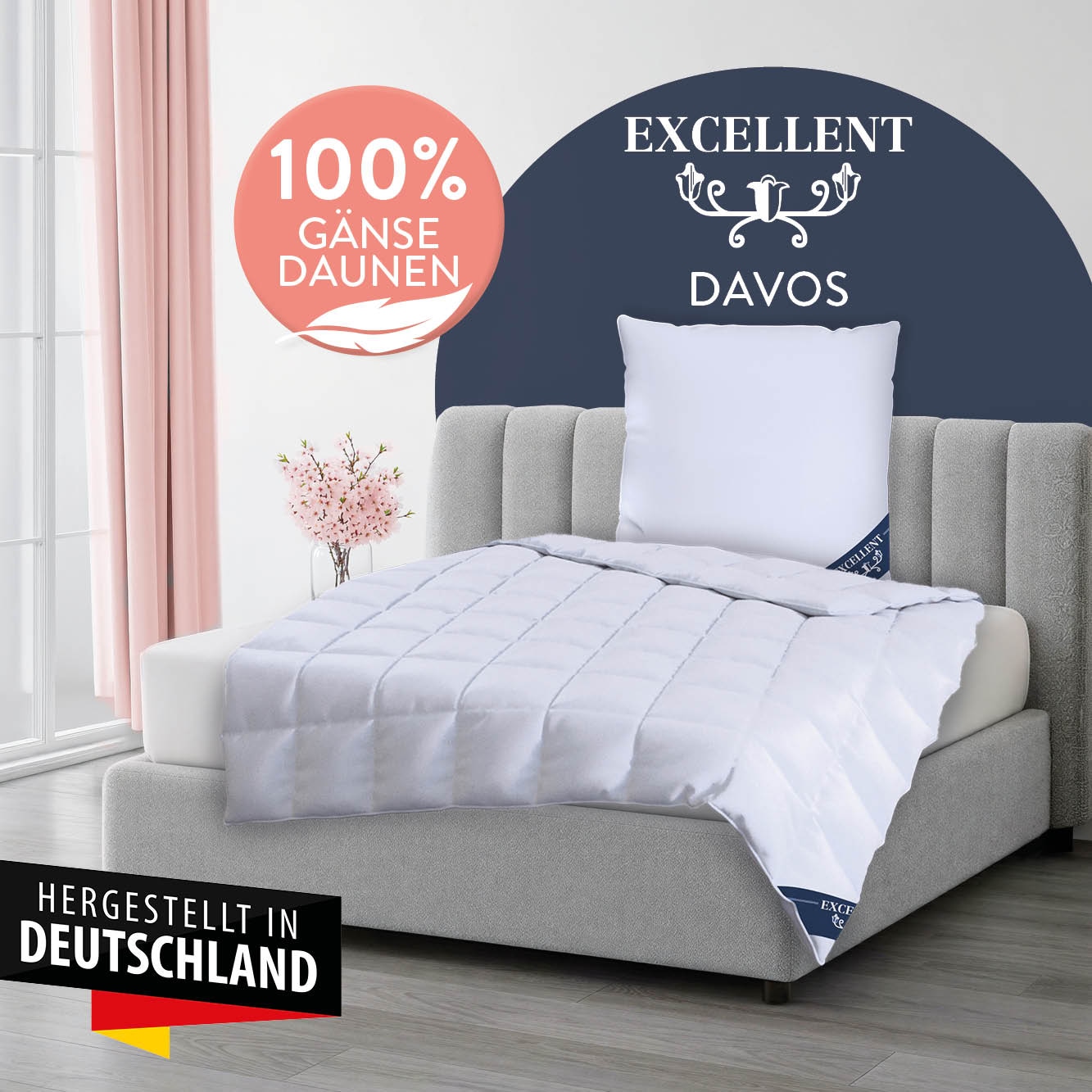 Excellent 1100000002199 »Davos, Bettdecken für Sommer und Winter, Decke« leicht Füllung 100% Gänsedaunen 1 Stk. tlg. Bettdecke 135x200 cm, 155x220cm und weitere Größen, Made in Germany