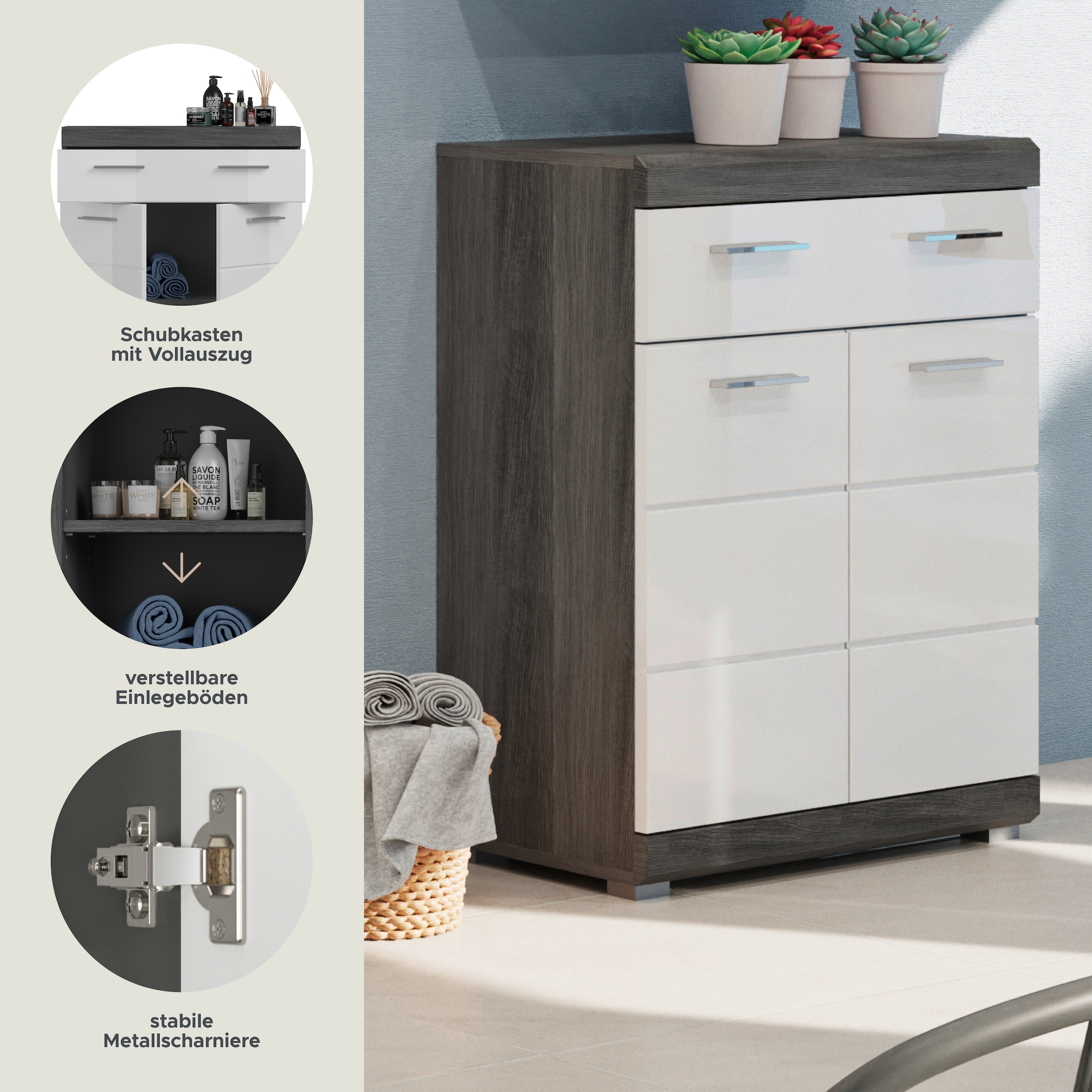 INOSIGN Unterschrank »SIENA, Breite 74cm, 2 Tür, 1 Schubkasten, 2 Fächer, MDF-Front« TOPSELLER!,  in verschiedenen Farben erhältlich, Badmöbel, Badschrank, Kommode, Bad