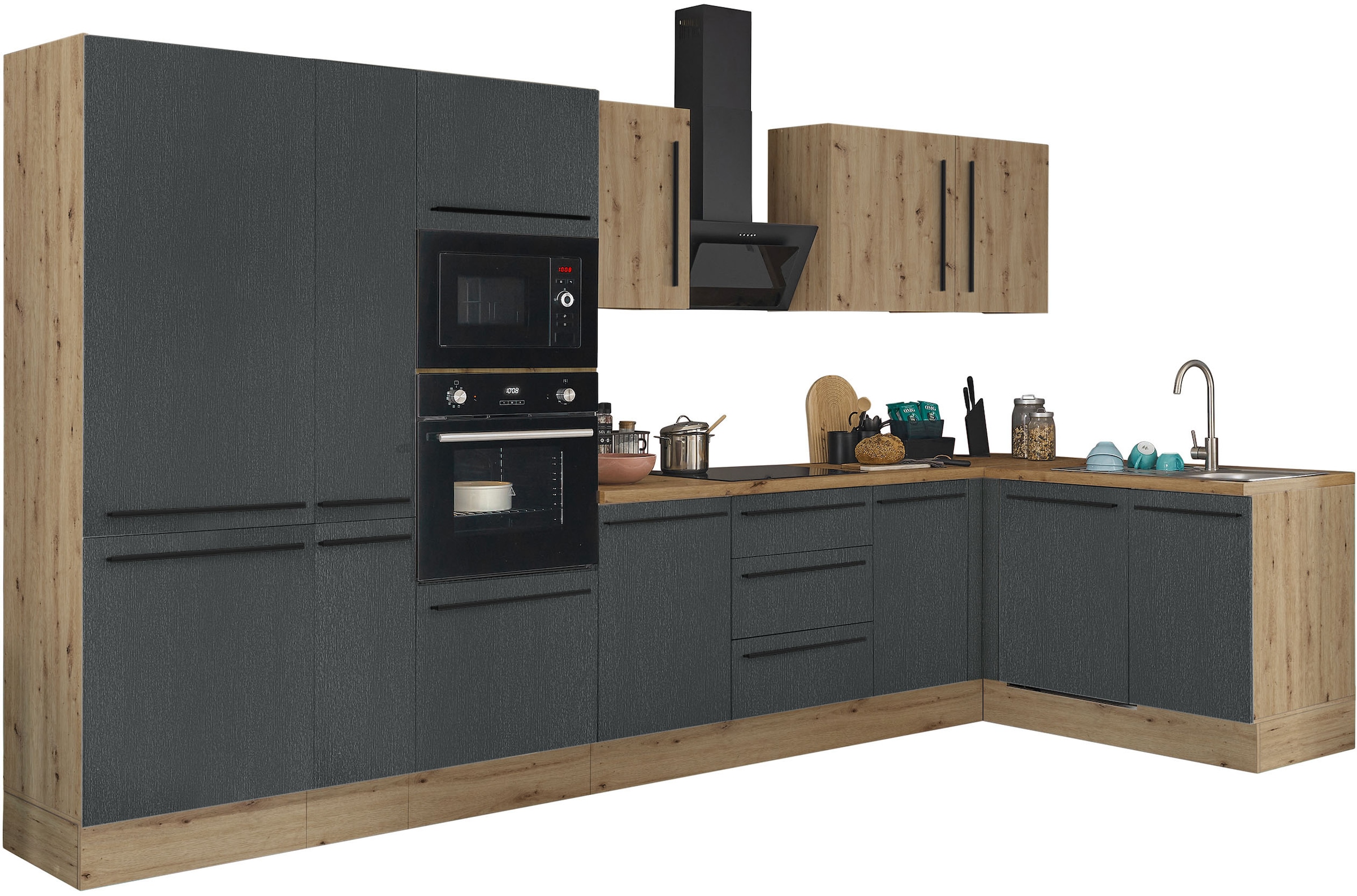 KOCHSTATION Winkelküche »Florida, Stellbreite 370x175 cm« wahlweise mit E-Geräten, mit Softclose für Türen und Schubkästen