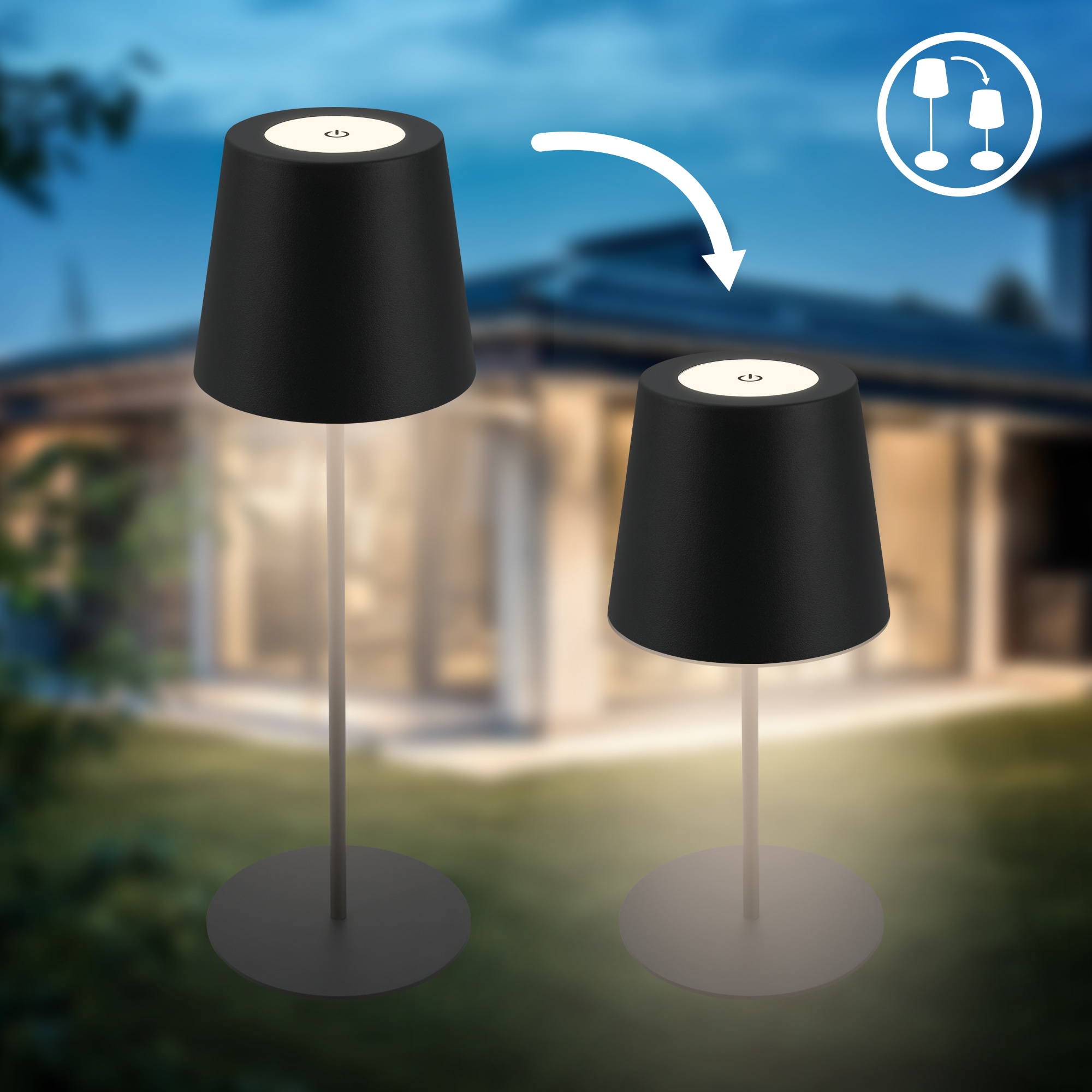 B.K.Licht Außen-Tischleuchte »BK_TL1595 Akku LED Tischlampe, 3-Stufen Touchdimmer, mit USB« LED-Modul 1 Stk. Extra-Warmweiß 2.700 K, 200 Lm, 2,5W, IP44, 12h Leuchtdauer, 36 x 10,5 cm, Schwarz