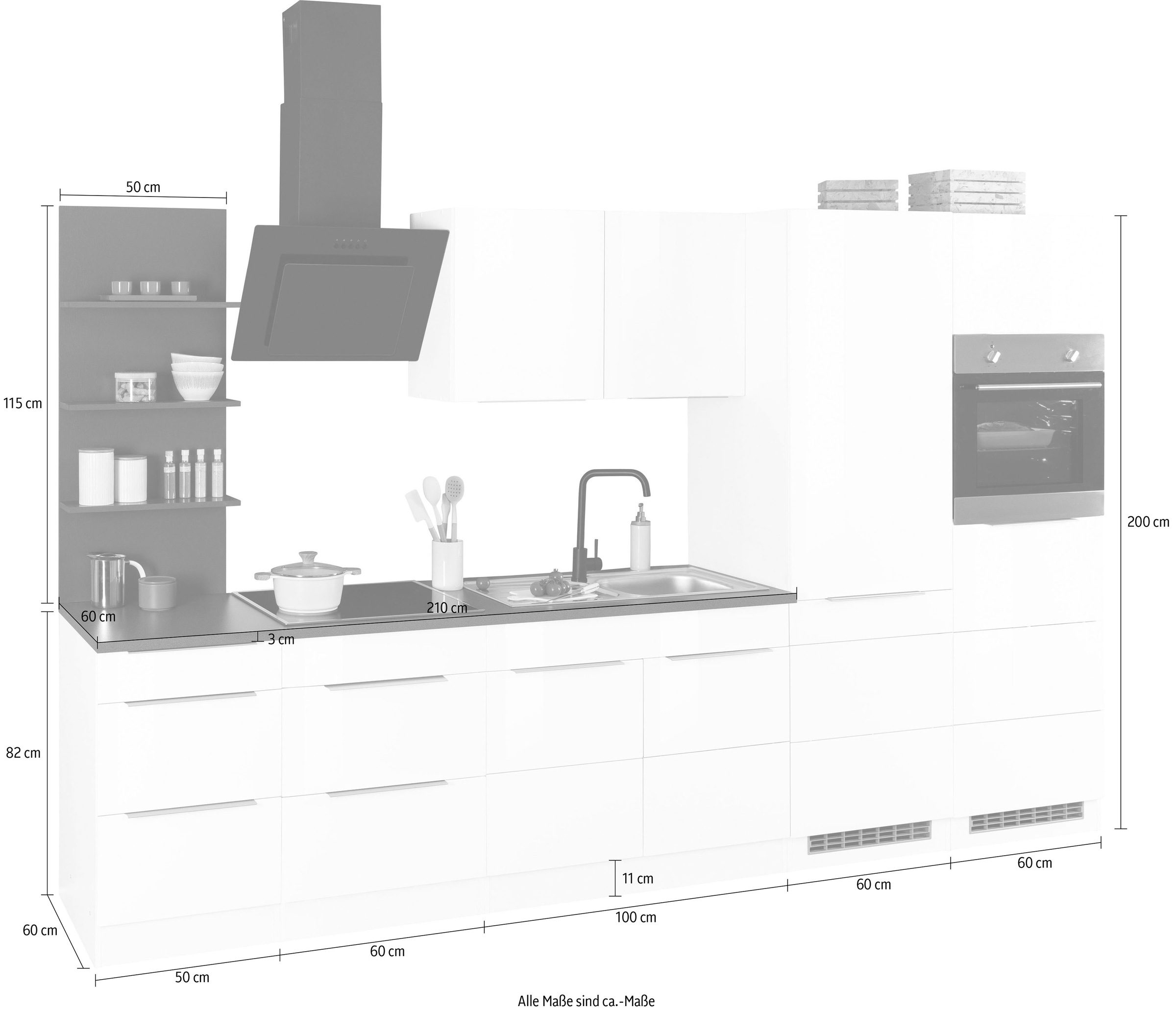 KOCHSTATION Küchenzeile »KS-Brindisi Breite 330 cm«, wahlweise mit E-Geräten und Induktion, mit MDF-Fronten und Regal