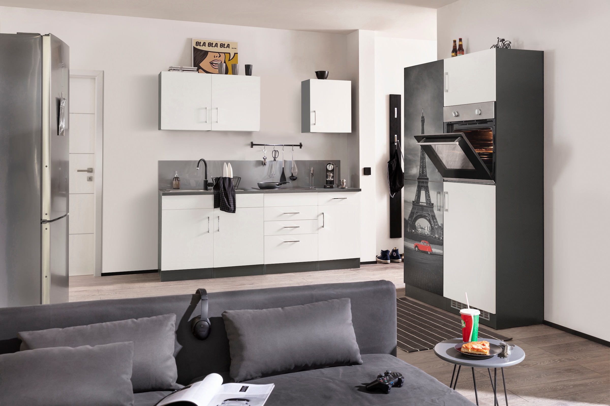 KOCHSTATION Küchenzeile »KS-Paris – Küchen mit einzigartigen Fotomotiven auf den Fronten« Breite 330 cm, wahlweise mit E-Geräten und Induktion