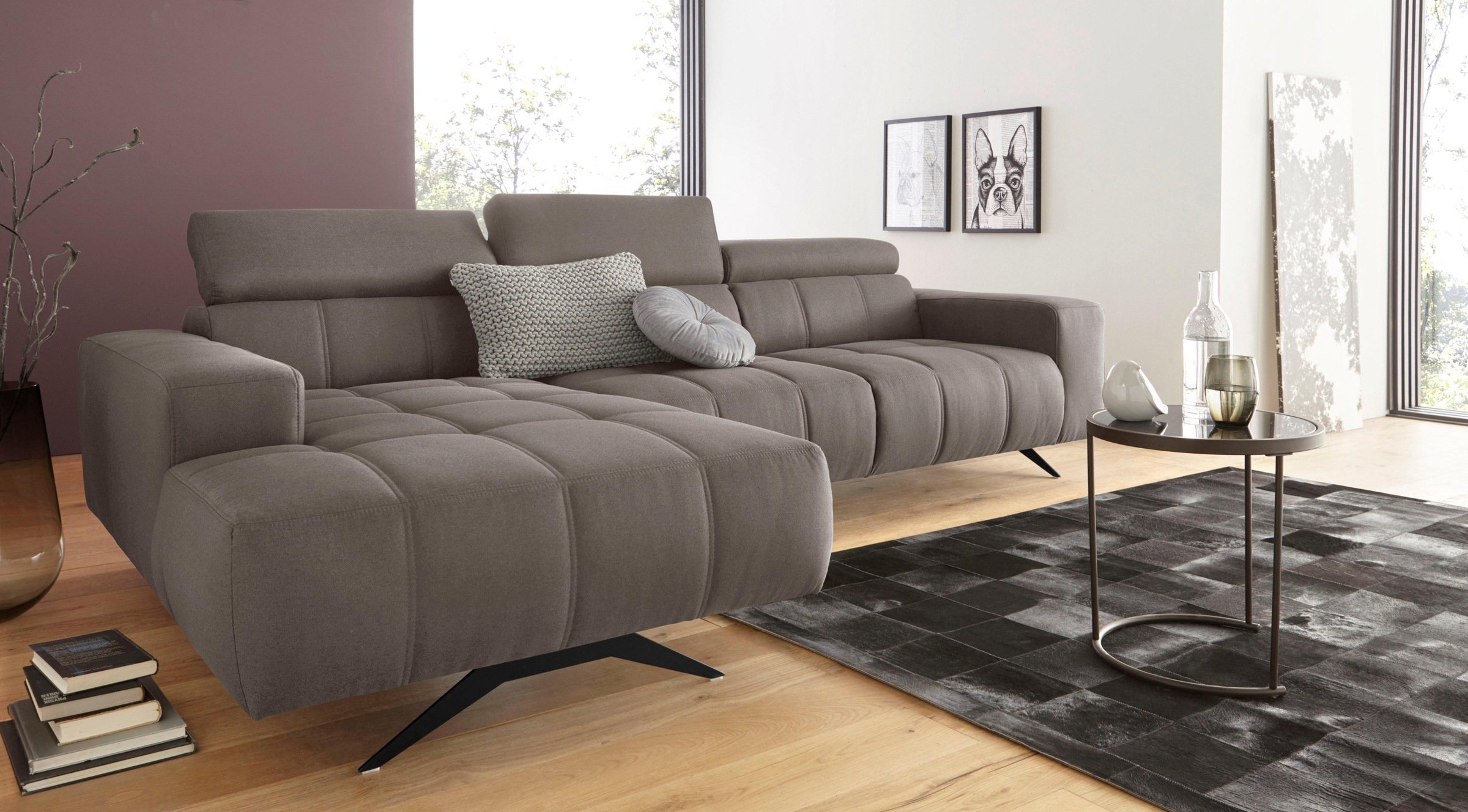 DOMO collection Ecksofa »Trento L-Form, mit Kufenfuß oder Einzelfuß«, wahlweise mit Kopfteilverstellung, Recamiere links/rechts bestellbar