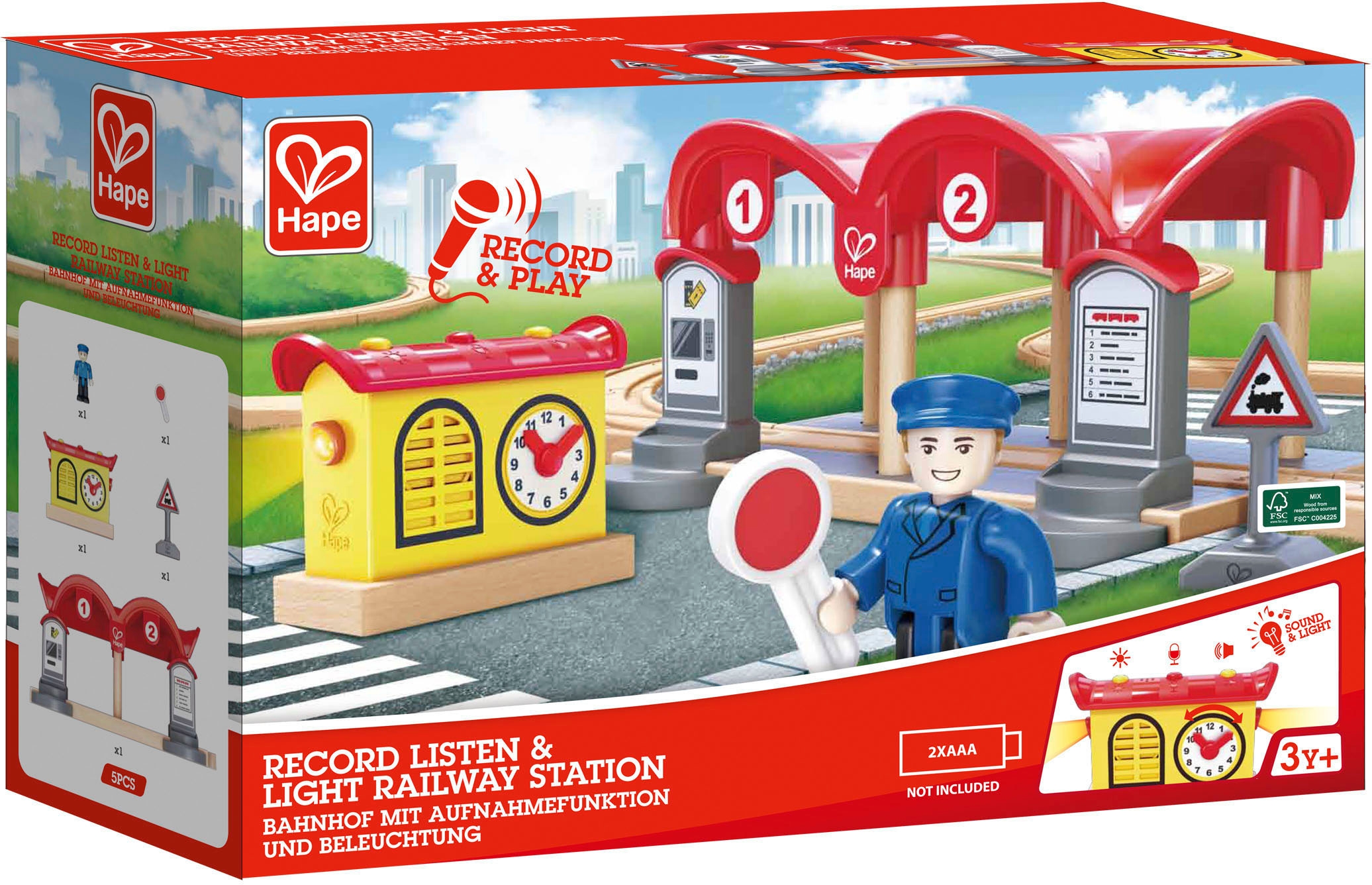 Hape Spielzeugeisenbahn-Gebäude »Bahnhof mit Aufnahmefunktion«, (Set, 5 tlg.), aus Holz