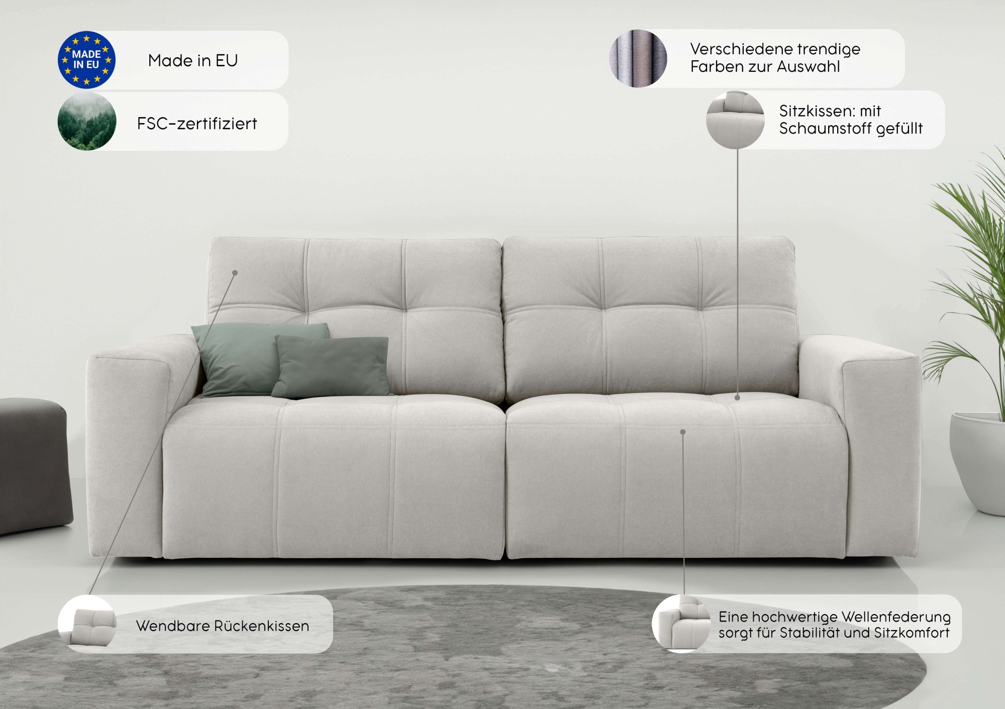 Home affaire 3-Sitzer »Tournon, Lounge-sofa, Breite 220 cm«, Chenille, mit Knopf- und Doppelsteppung, elegantes Aussehen