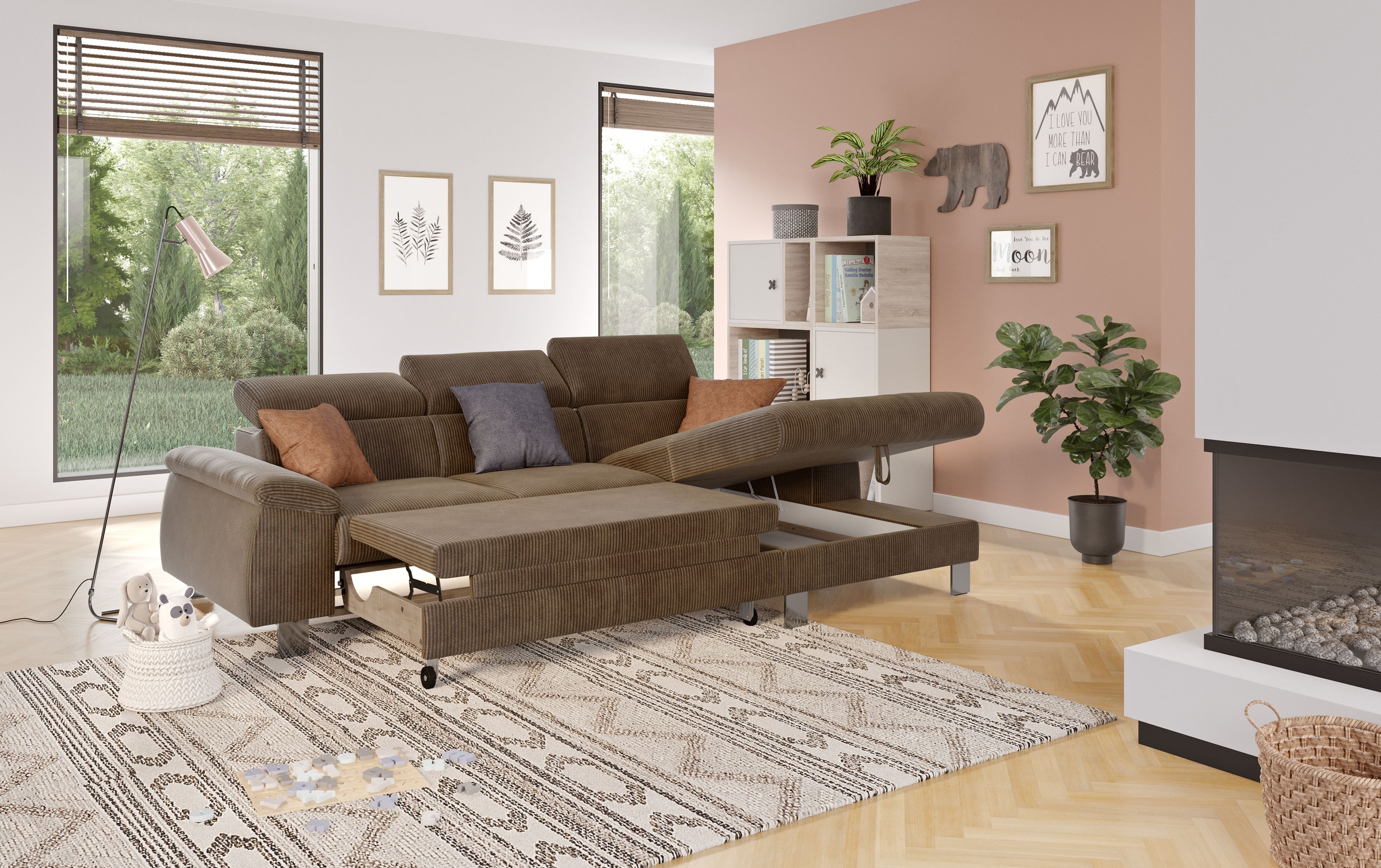 COTTA Ecksofa Komaris, Ecksofa, wahlweise mit RGB-LED-Beleuchtung und Bettfunktion/Bettkasten