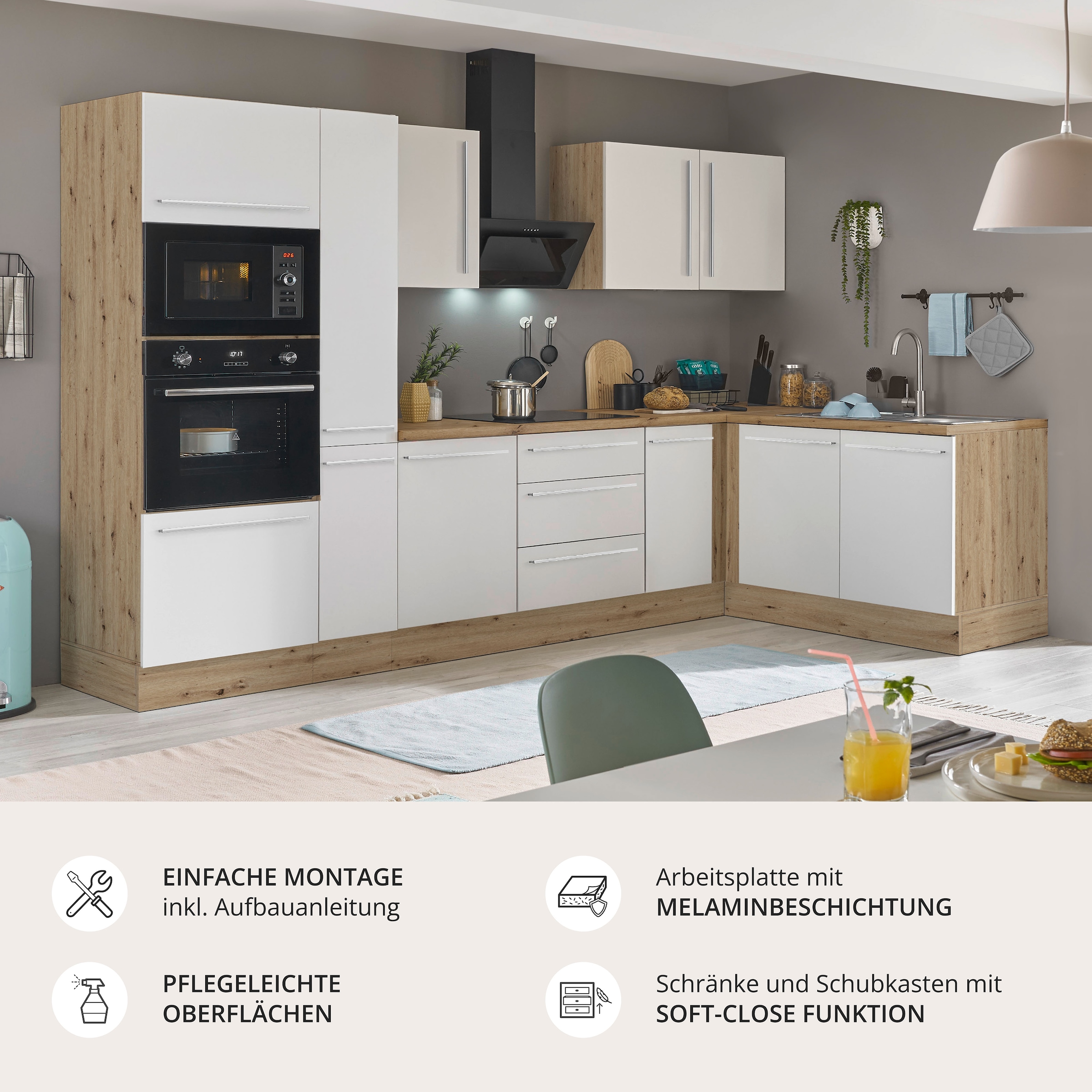 KOCHSTATION Winkelküche »Florida, Stellbreite 300x165 cm« wahlweise mit E-Geräten, mit Softclose für Türen und Schubkästen
