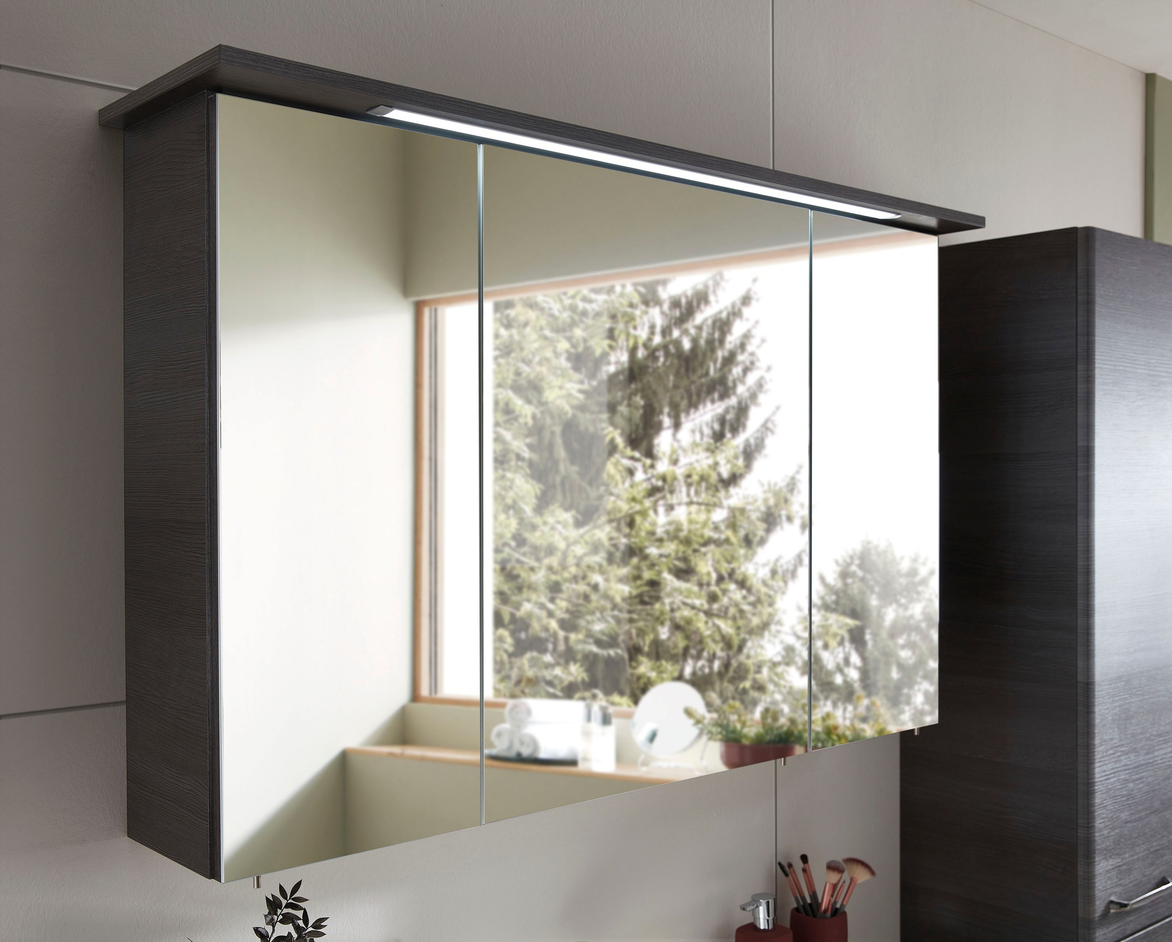 Saphir Spiegelschrank »Quickset 328 Badezimmer Spiegelschrank inkl. LED-Beleuchtung, 620LM«, 115 cm breit, Graphit Struktur quer Nachbildung, inkl. Türdämpfer