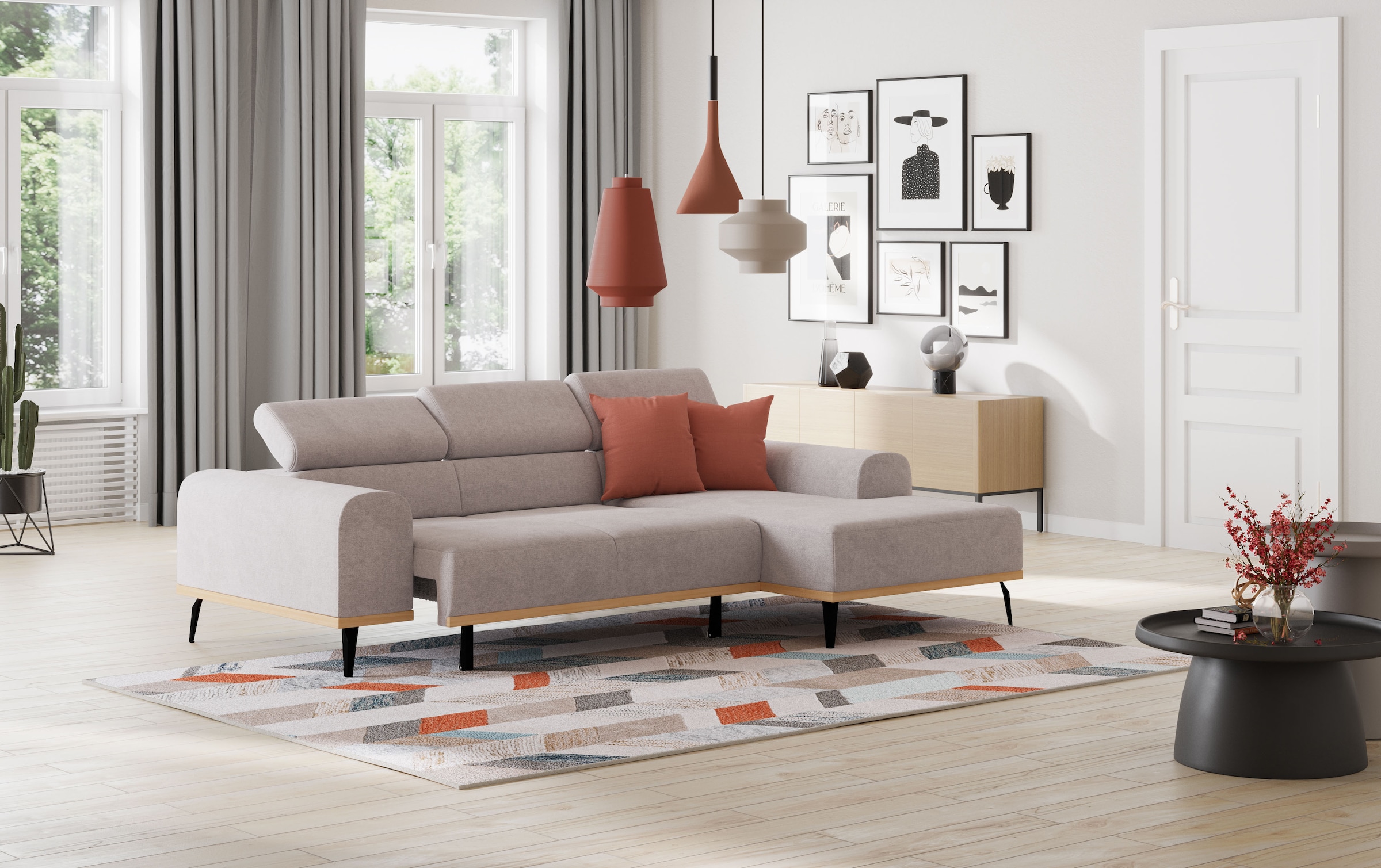 Places of Style Ecksofa »Carlo L-Form«, mit Kopfteilverstellung & Holz-Rahmenoptik, wahlweise Relaxfunktion