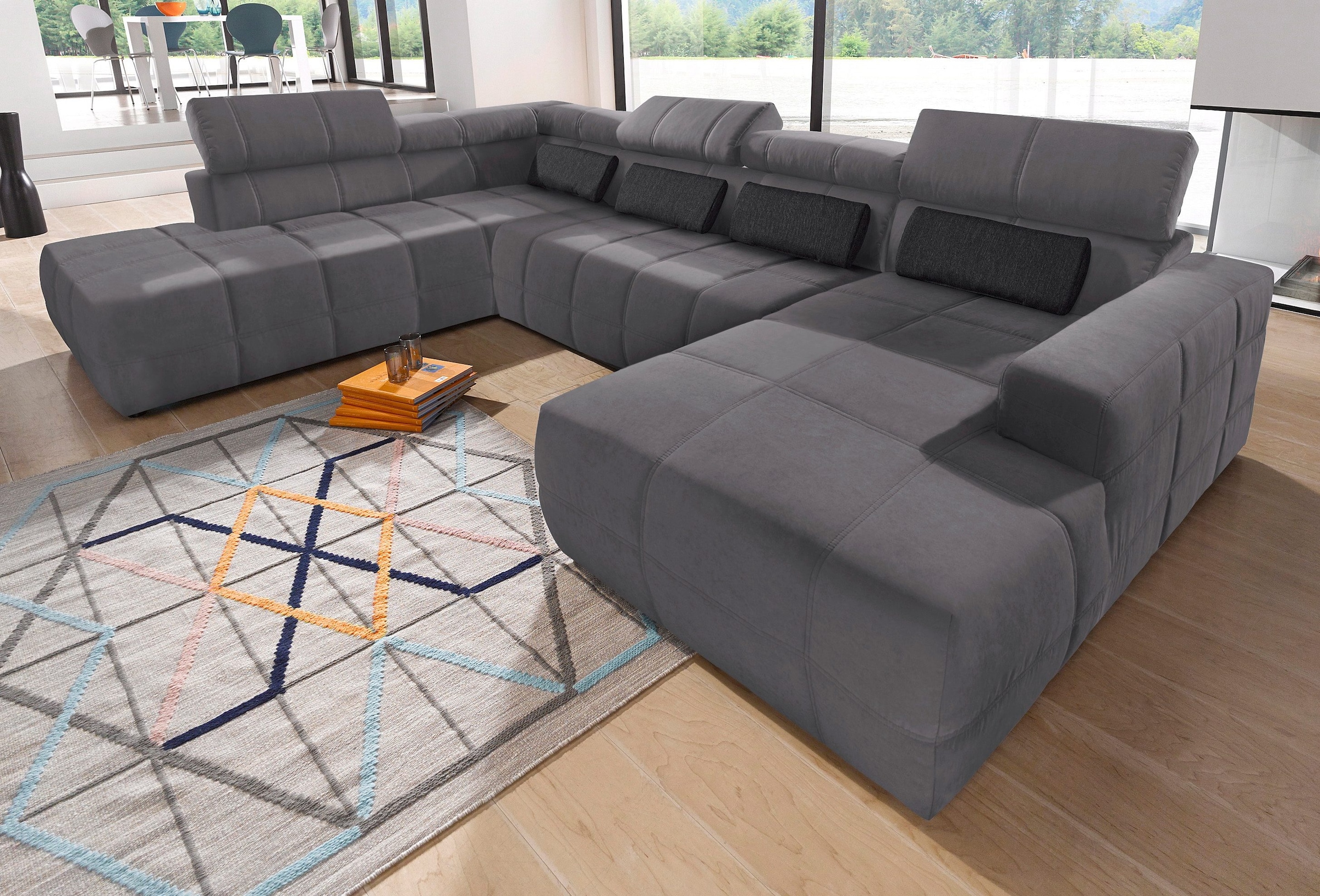 DOMO collection Wohnlandschaft »Brandon, whlw. mit Sitztiefenverstellung, whlw. Nierenkissen« ohne Sitztiefenverstellung, Luxus-Microfaser, dunkelgrau