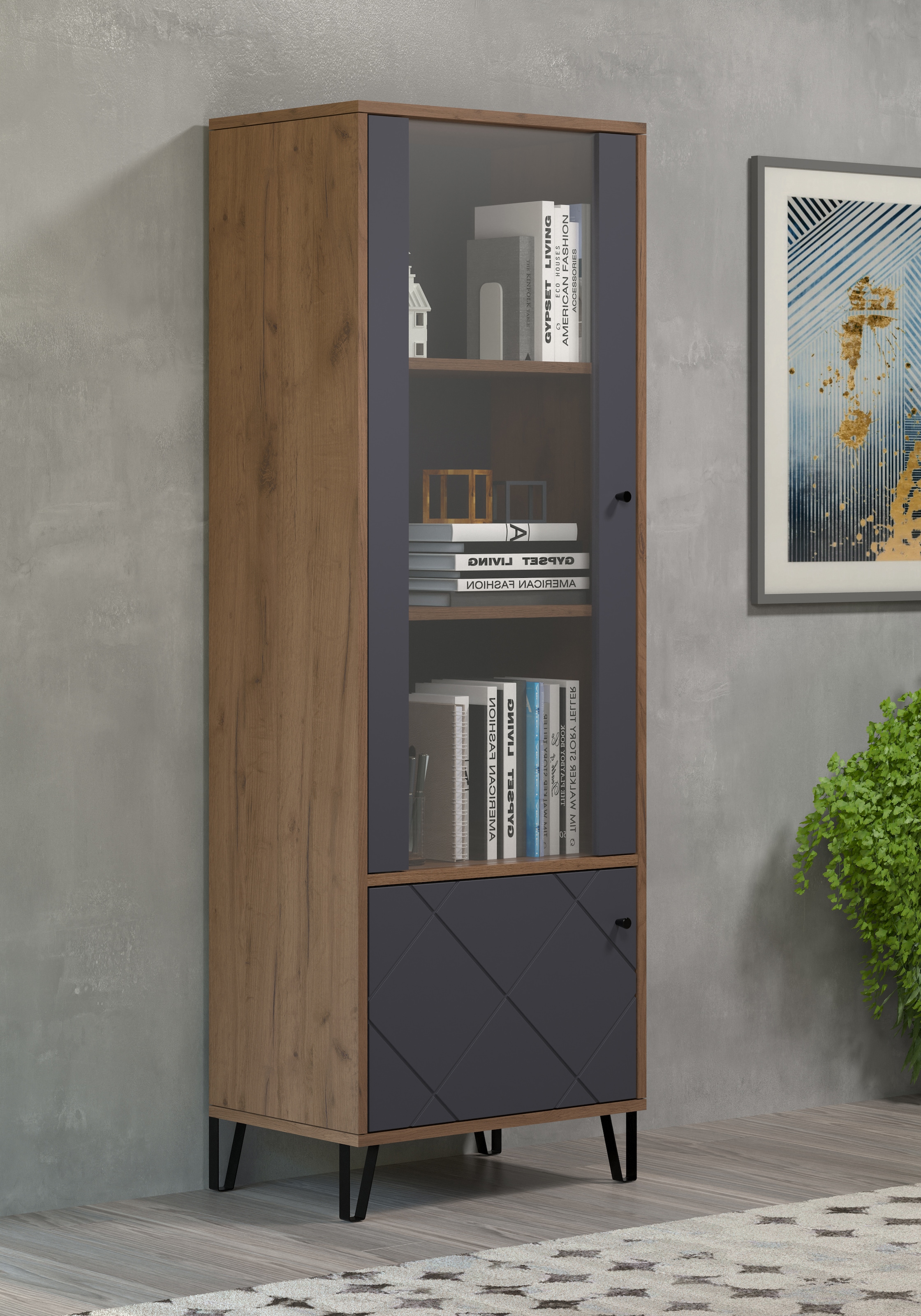 Places of Style Vitrine »Molveno«, (1 St.), Wohnzimmervitrine mit fühlbarer Graphit-Quadratoptik - 63/40/172 cm