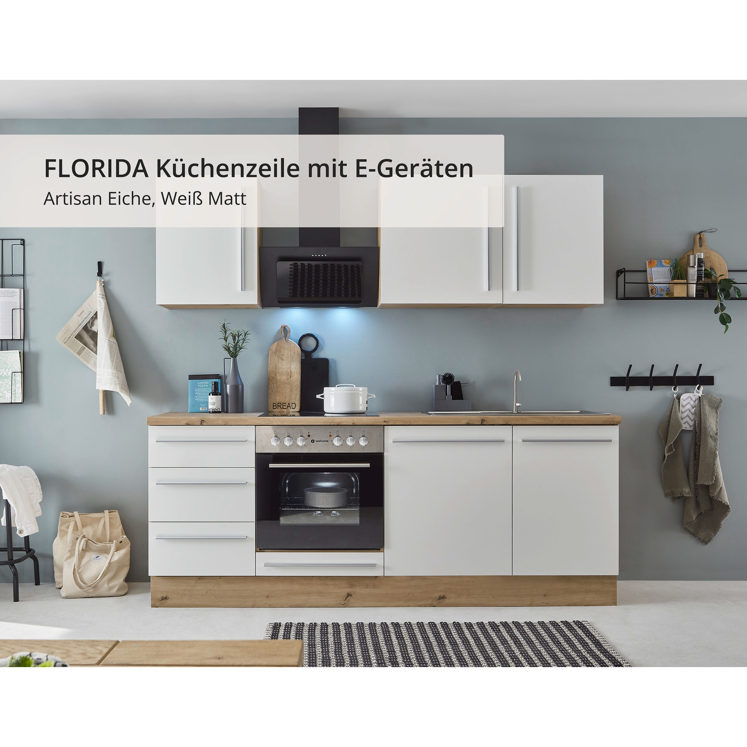 KOCHSTATION Küchenzeile »KS-Florida mit 38mm starker Arbeitsplatte«, Breite 220 cm, wahlweise mit E-Geräten, Soft-Close-Funktion