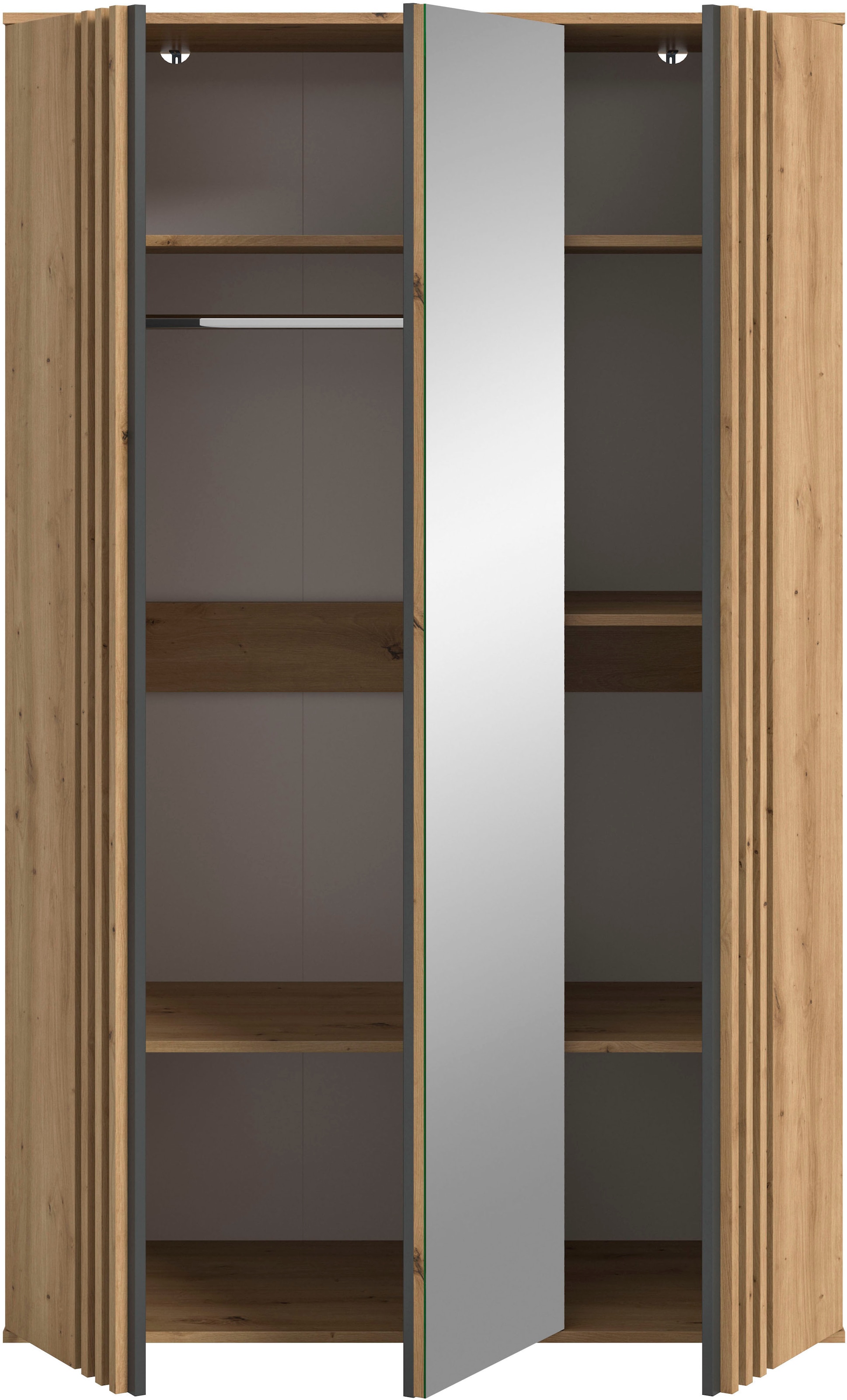 Home affaire Kleiderschrank »ALVA, Breite 120 cm, mit griffloser Front in Paneeloptik, Schrank« Schlafzimmerschrank in weiteren Ausführungen erhältlich,  3 Türen, davon 1 Spiegeltür, 1 Kleiderstange, 5 Einlegeböden