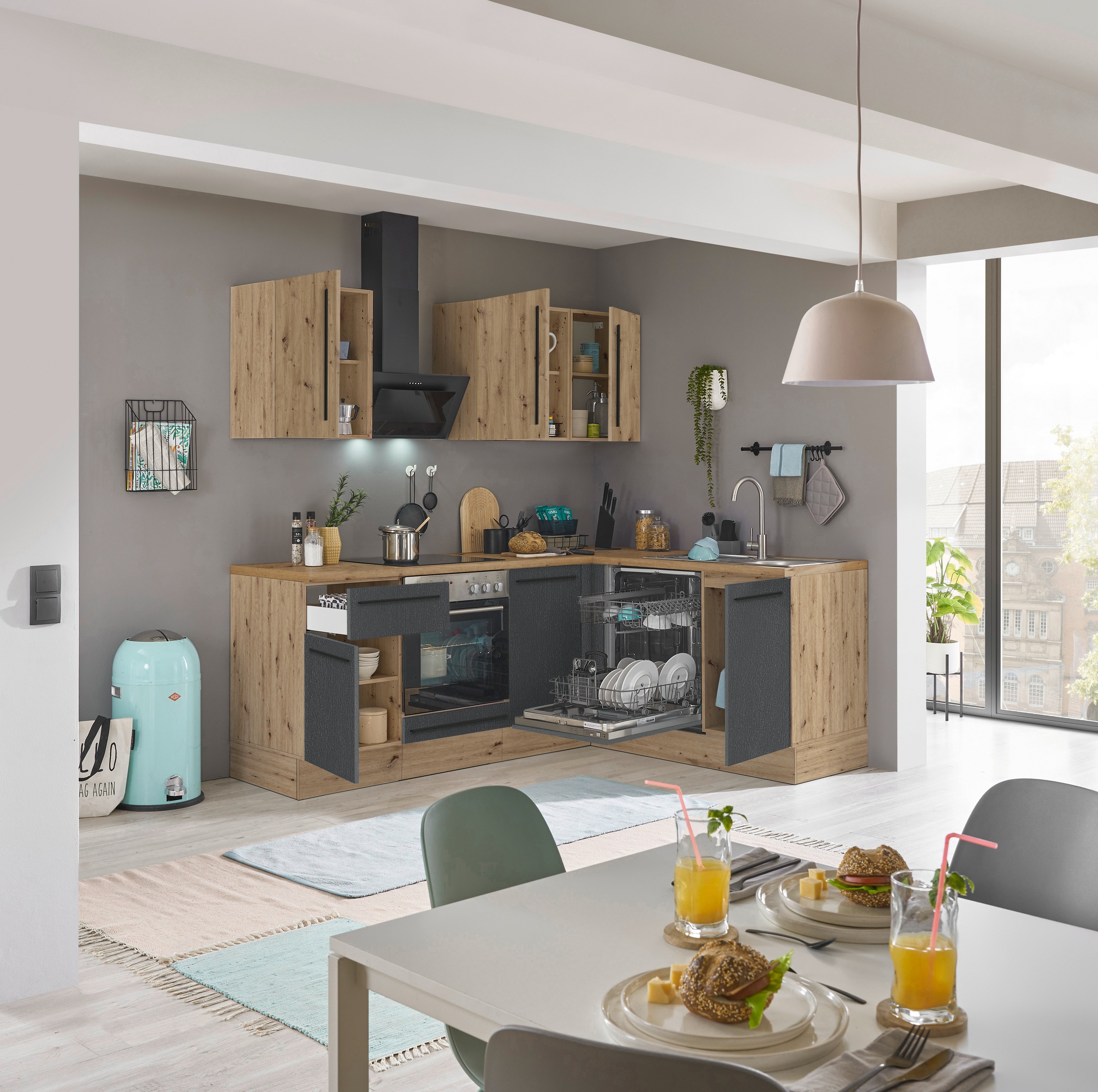 KOCHSTATION Winkelküche »Florida, Stellbreite 220x175 cm« wahlweise mit E-Geräten, mit Softclose für Türen und Schubkästen