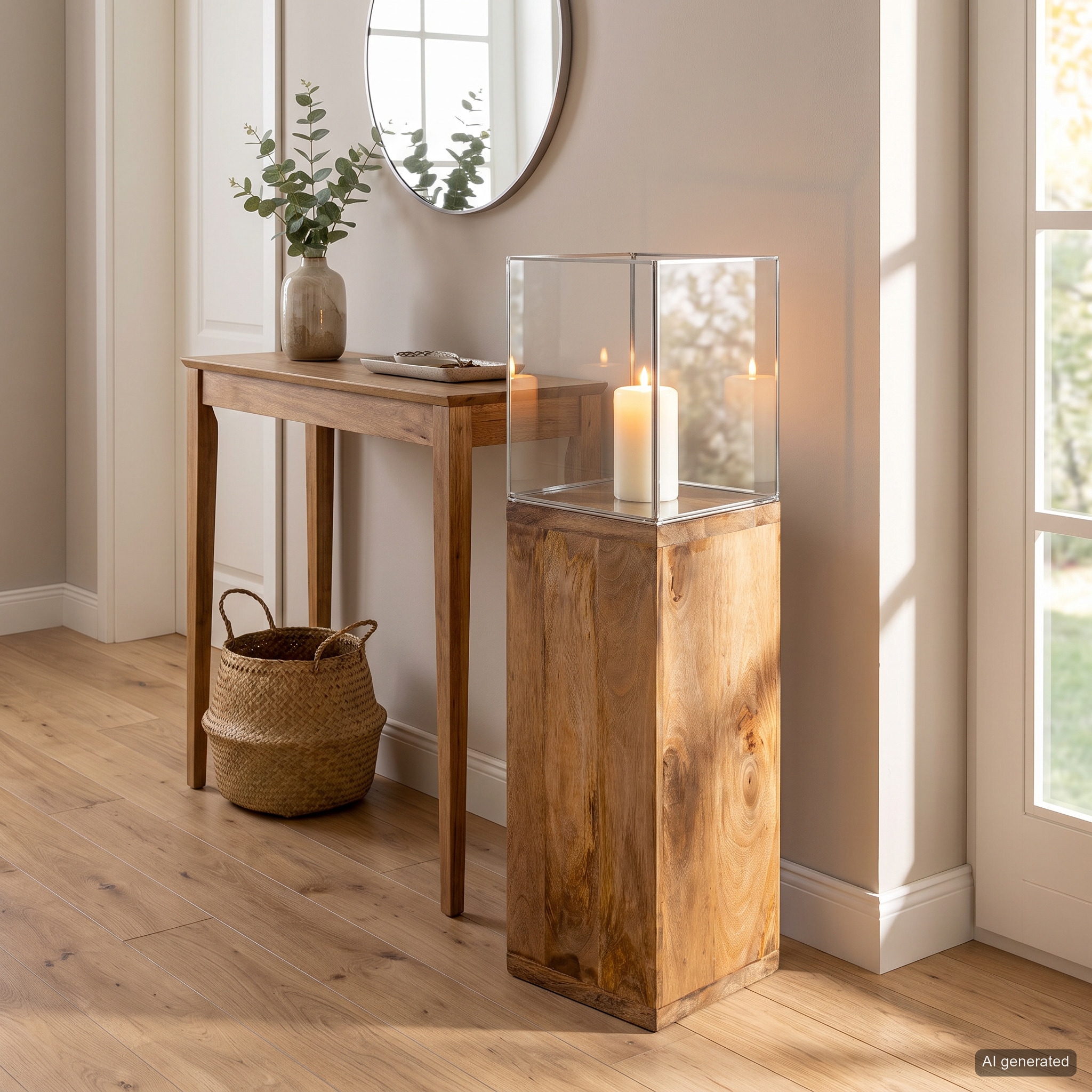 GILDE Bodenwindlicht »Windlicht, Kerzenhalter Säule, 91.26x26cm, Geschenkidee« aus massivem, geöltem Mangoholz, inklusive Glasaufsatz