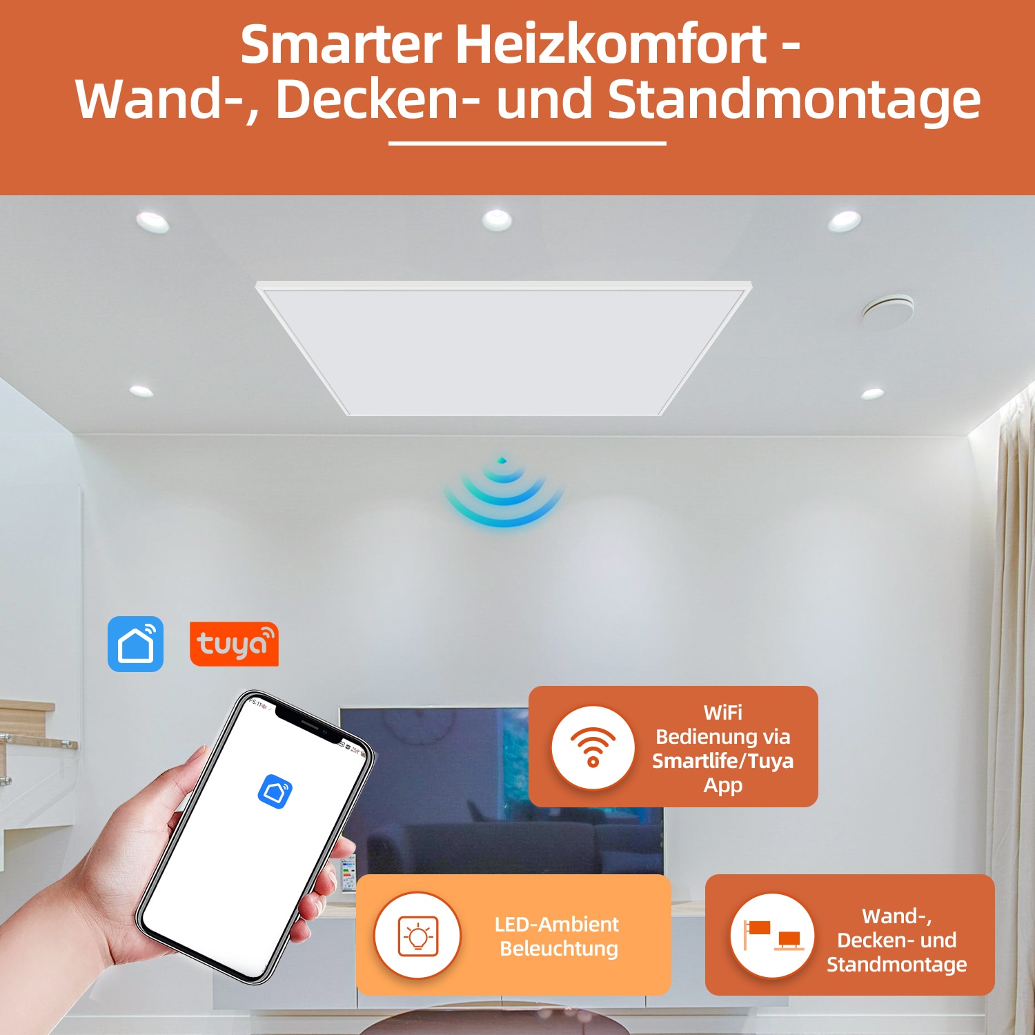 SHX Infrarotstrahler, 1200 W, Smart Home fähig (Wifi), dimmbare Ambiente-LEDs