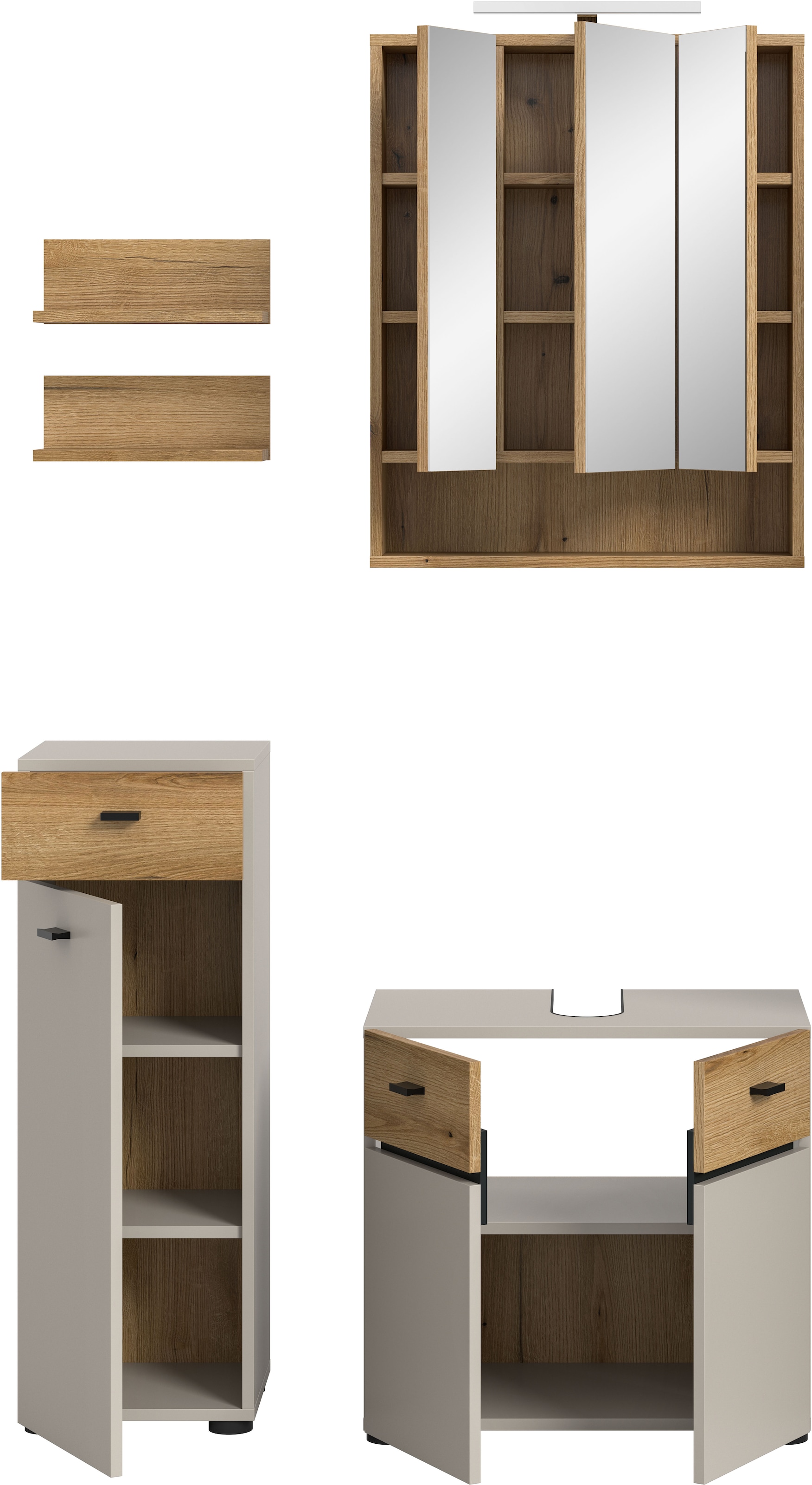 welltime Badmöbel-Set »VANN, 5-teilige moderne Badkombination, inkl. Beleuchtung« Midischrank, 2er Set Wandregal, Waschbeckenunterschrank,Spiegelschrank, 5 Stk. tlg.