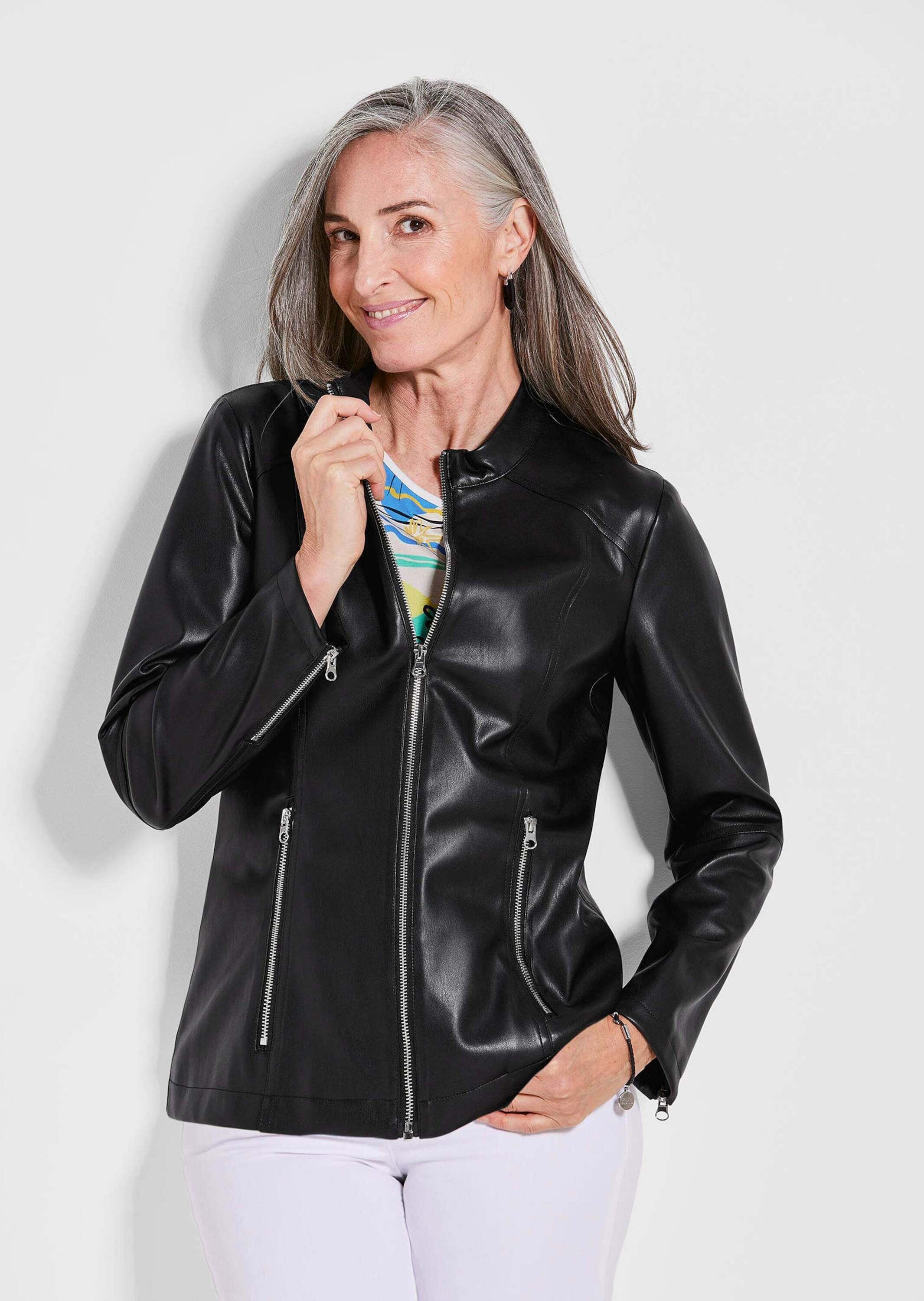 GOLDNER Kurzjacke »Kurzgröße Lederoptik-Jacke mit silbernen Reißverschlüssen«