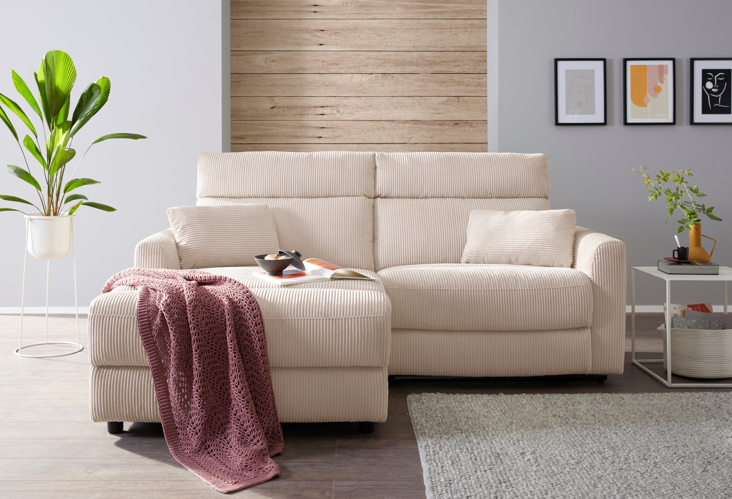 INOSIGN Ecksofa »JENNA, L-Form, 209cm, manuelle u. elektrische Funktion, mit USB A/C,«, Liegefunktion 105°-150°, Federkern, Cord