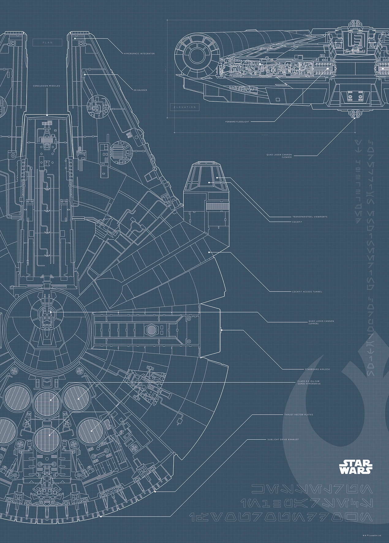 Komar, Bild »Star Wars Blueprint Falcon« Star Wars 1 Stk. tlg. Wandbild zur Dekoration im Kinderzimmer - ohne Rahmen, Farbe Bild(er): schwarz-weiß, 