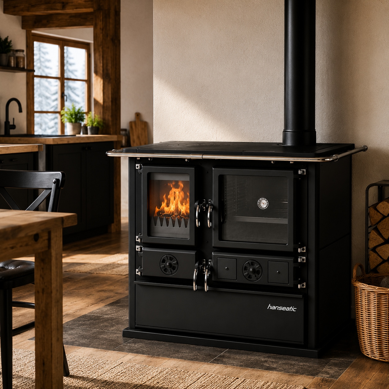 Hanseatic Festbrennstoffherd »»Cook Premium« Pure Black, Lieferung bis in die Küche« Küchenofen, Ofenherd zum Heizen, Kochen & Backen