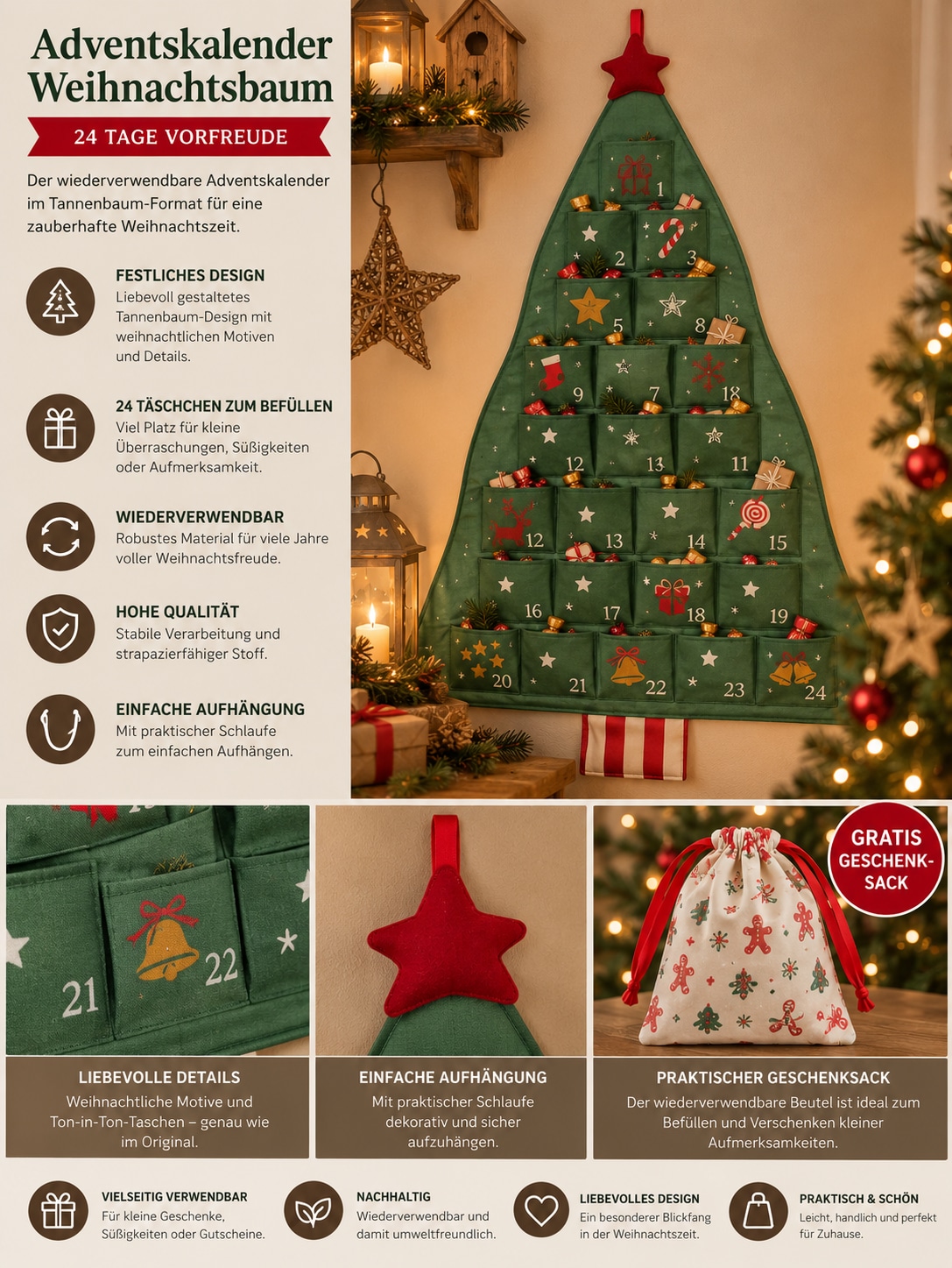OTTO home Adventskalender »Weihnachtsbaum mit dekorierten Taschen, wiederverwendbar« Es liegt keine Altersempfehlung vor aus Stoff, ca. 120x68cm, zum Hängen an Türen und Wänden