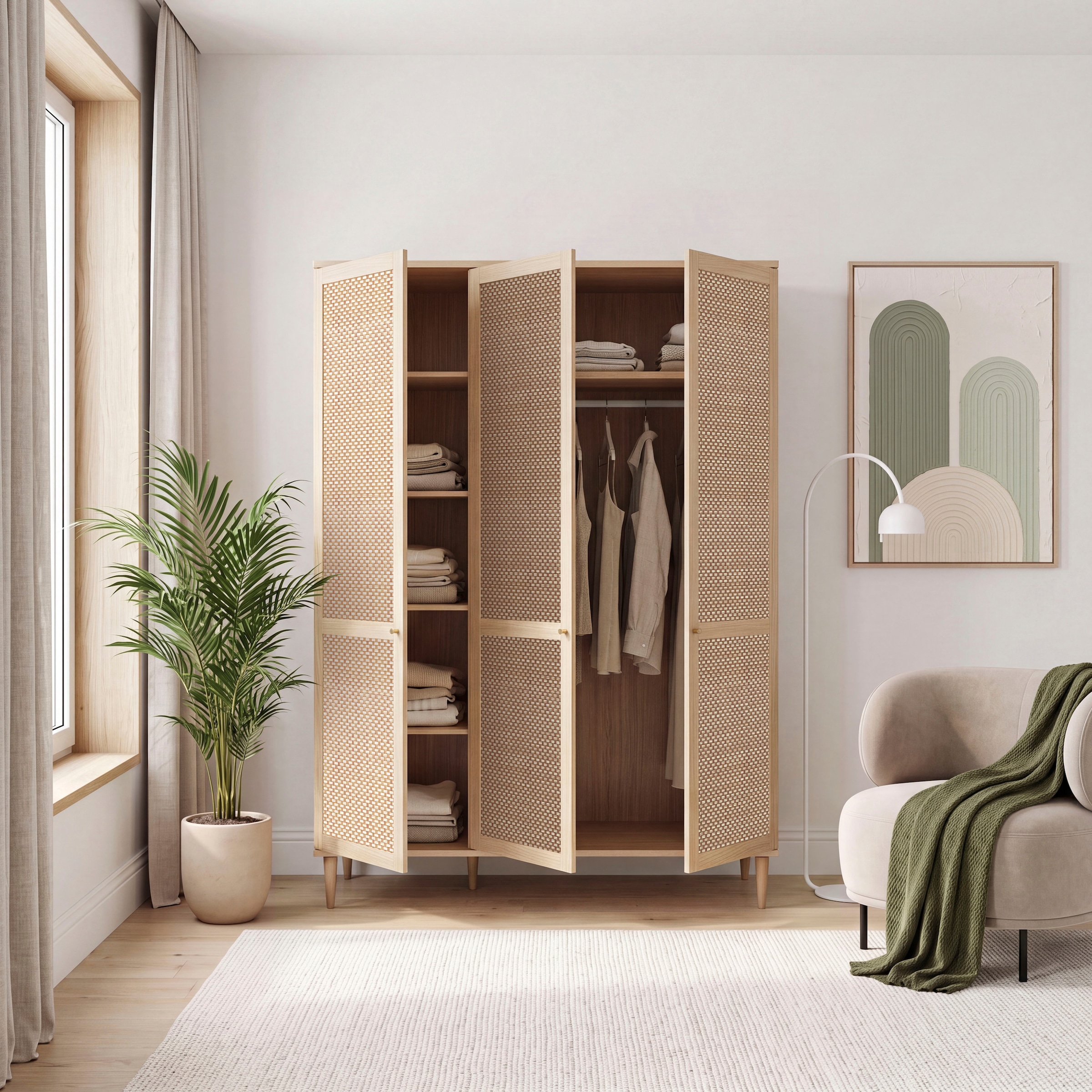 OTTO home Kleiderschrank »ELLIAN mit natürlicher Geflechtoptik und warmem Holzdekor« Holzfüße, Metallgriffe, Made in EU, viel Stauraum, FSC® zertifiziert